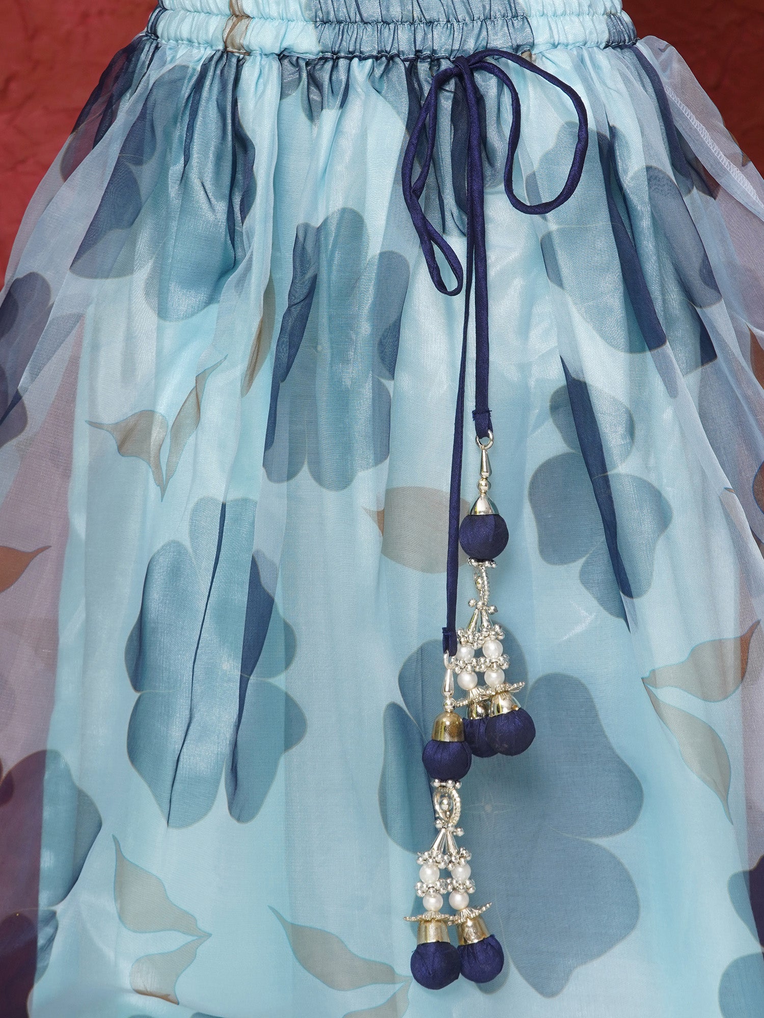 Dark Blue Organza Half Sleeves Floral Print Lehenga Choli For Girls - AJ Dezines