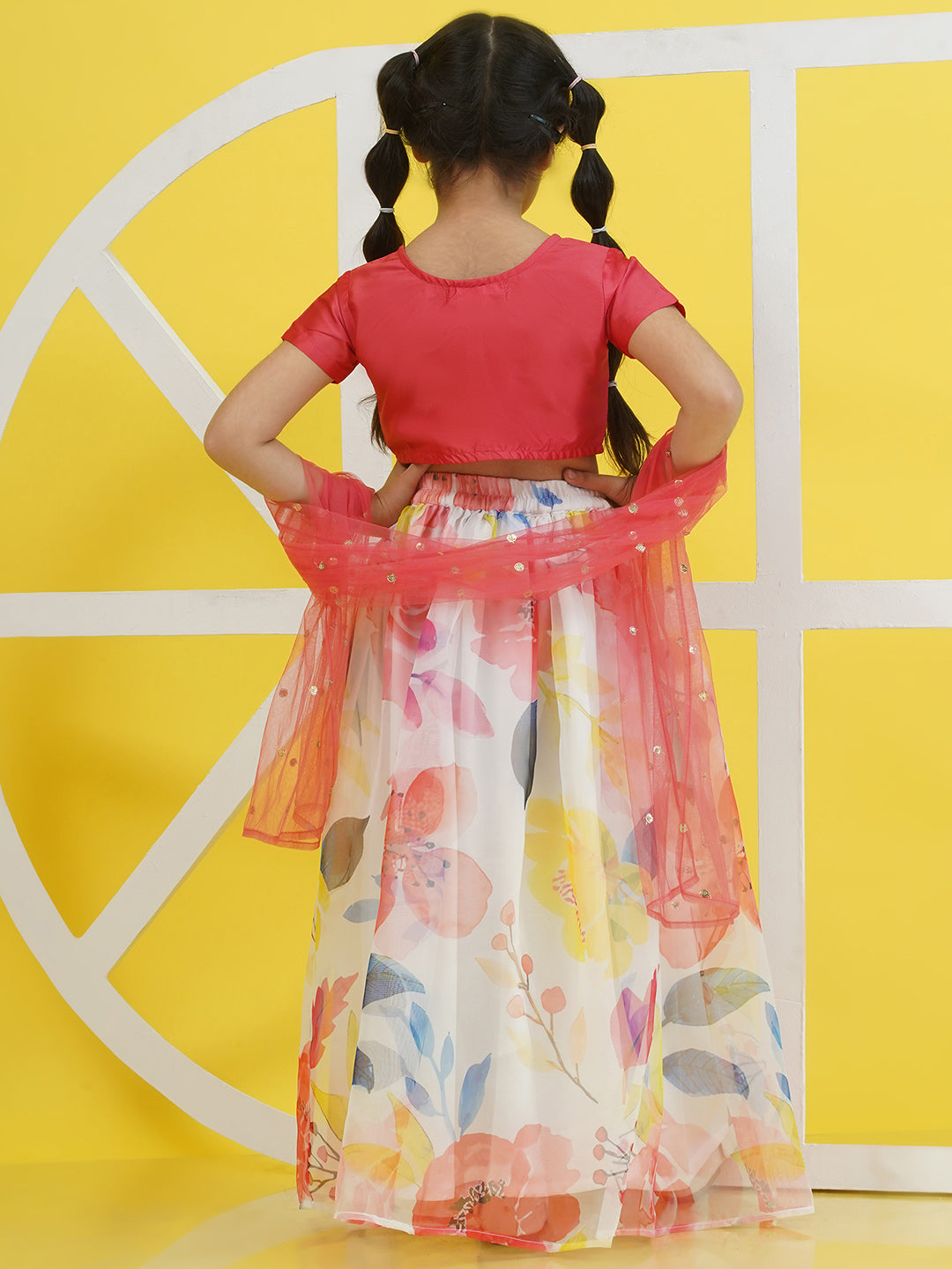 Pink Half Sleeves Floral Print Cotton Blend Lehenga Choli For Girls - AJ Dezines