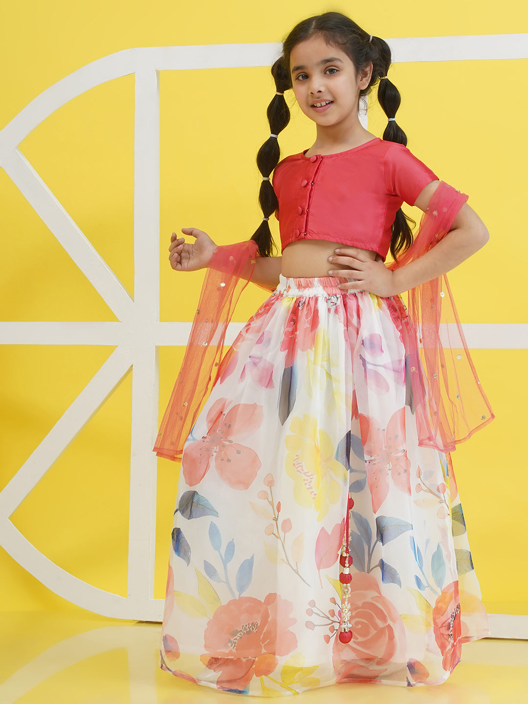 Pink Half Sleeves Floral Print Cotton Blend Lehenga Choli For Girls - AJ Dezines