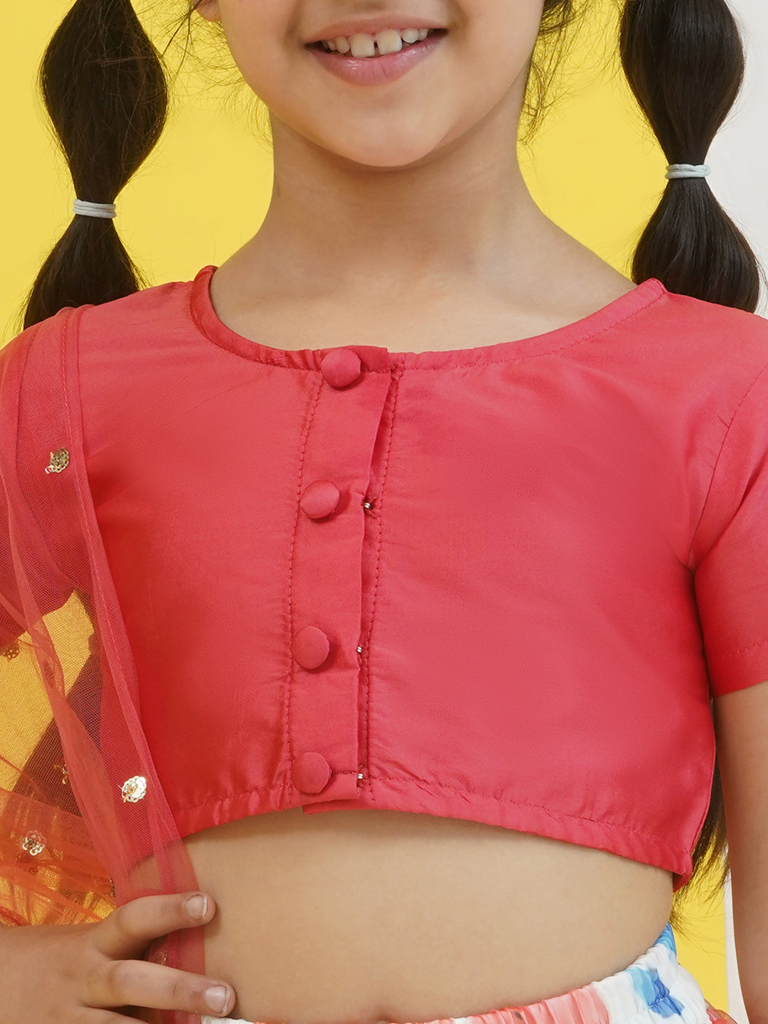 Pink Half Sleeves Floral Print Cotton Blend Lehenga Choli For Girls - AJ Dezines