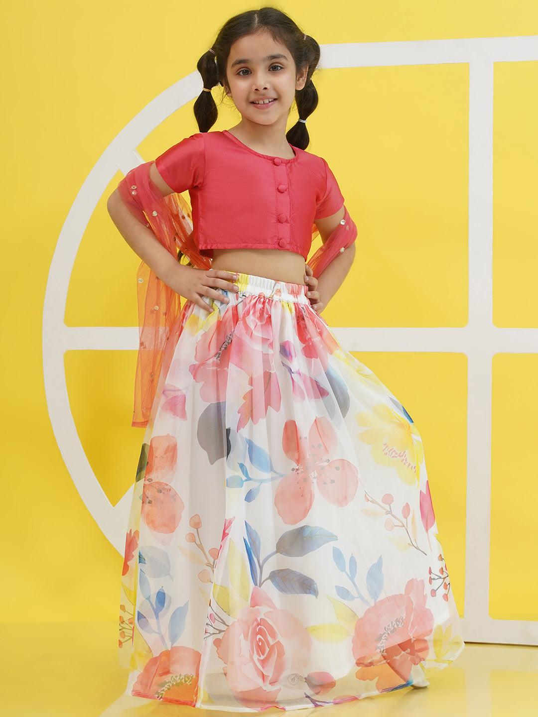 Pink Half Sleeves Floral Print Cotton Blend Lehenga Choli For Girls - AJ Dezines