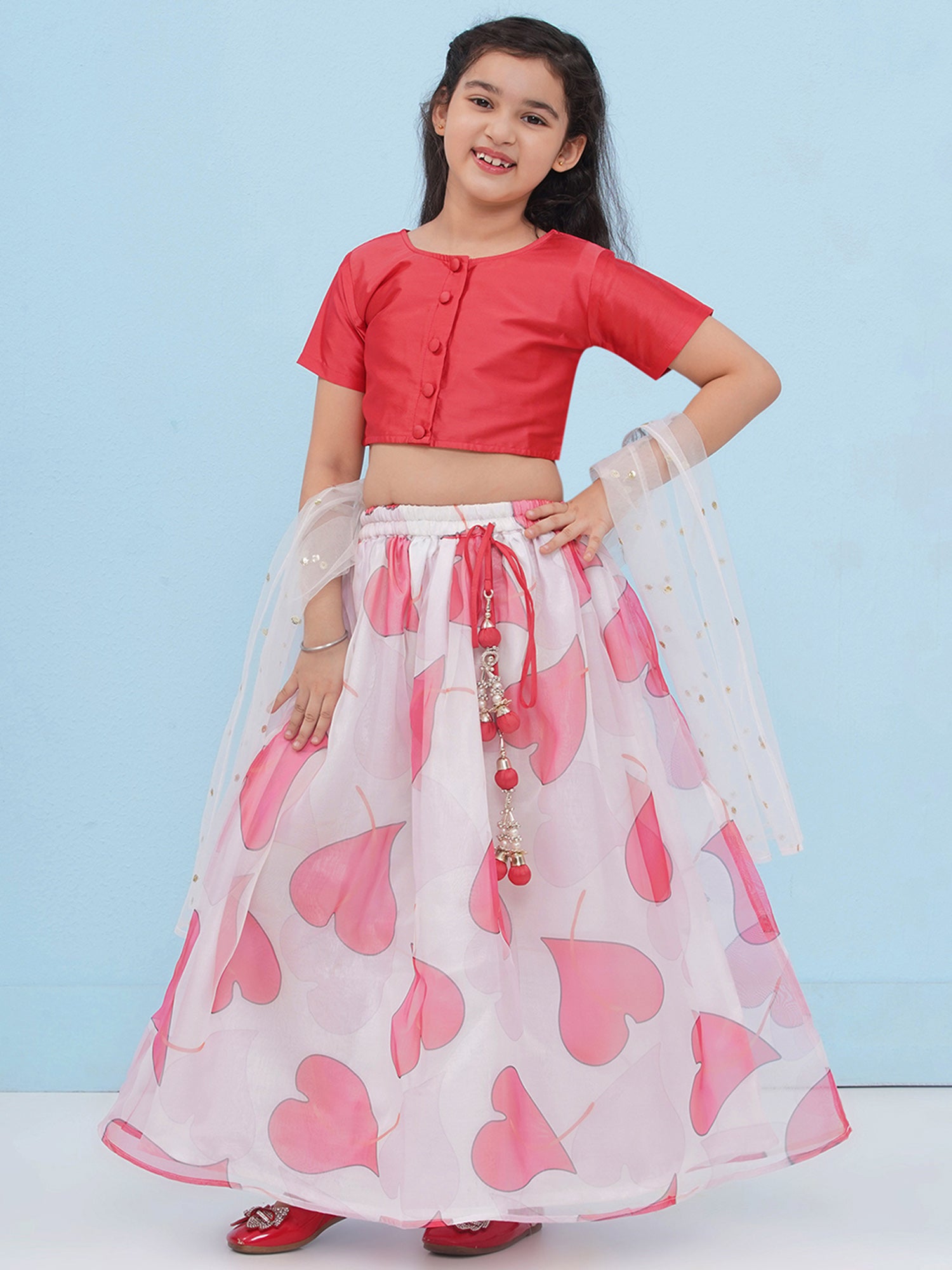 Red Organza Half Sleeves Floral Print Lehenga Choli For Girls - AJ Dezines