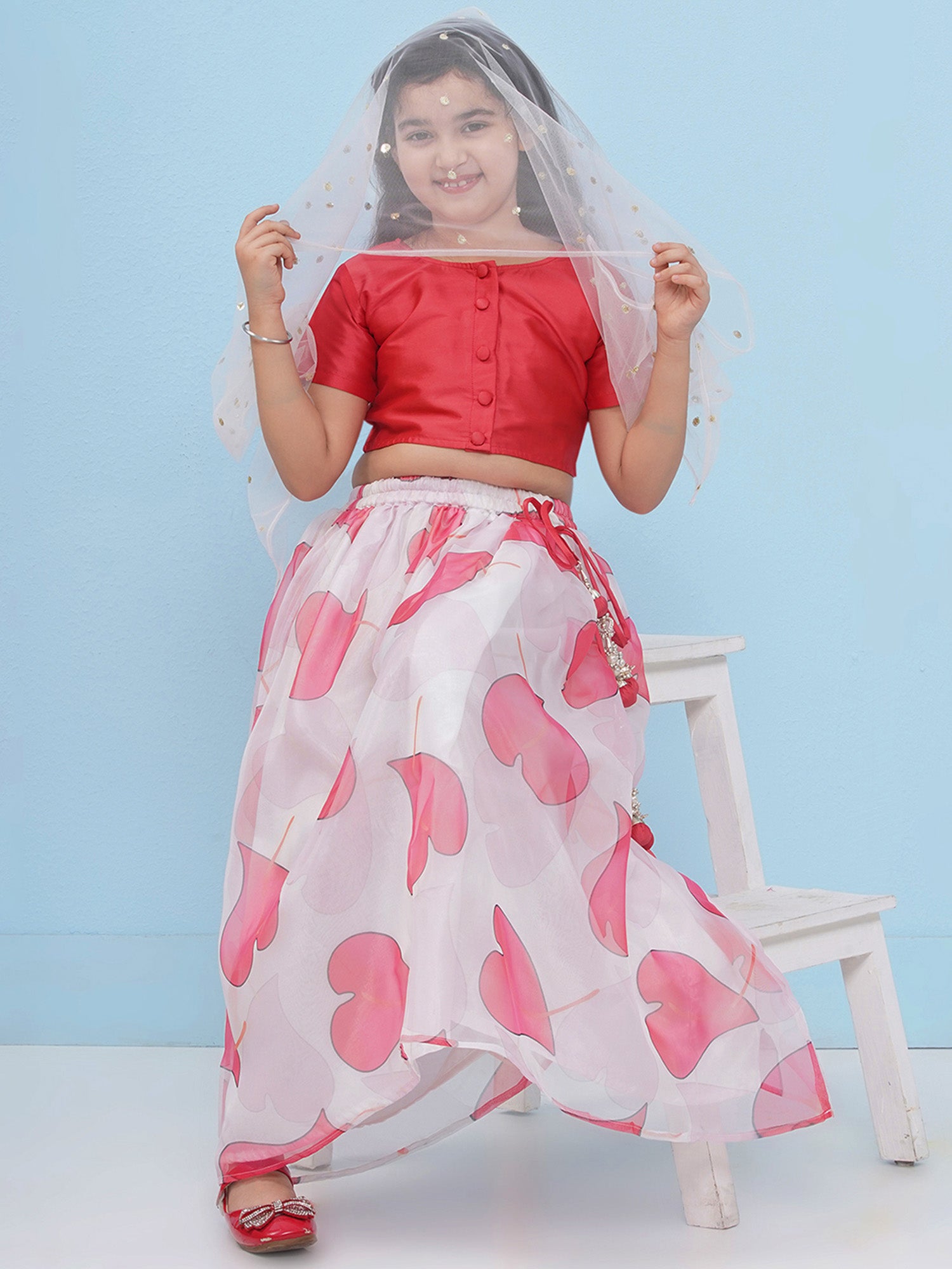 Red Organza Half Sleeves Floral Print Lehenga Choli For Girls - AJ Dezines