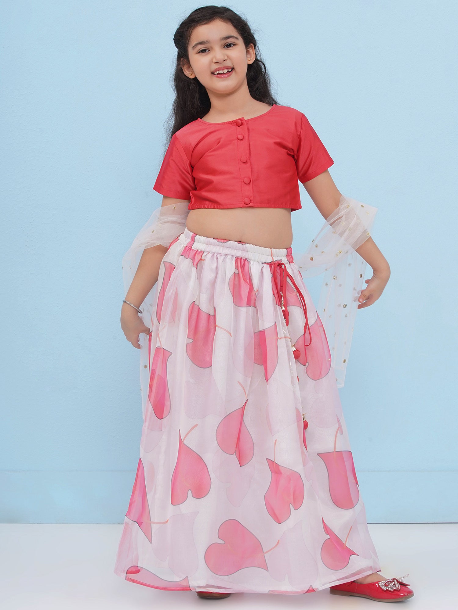 Red Organza Half Sleeves Floral Print Lehenga Choli For Girls - AJ Dezines