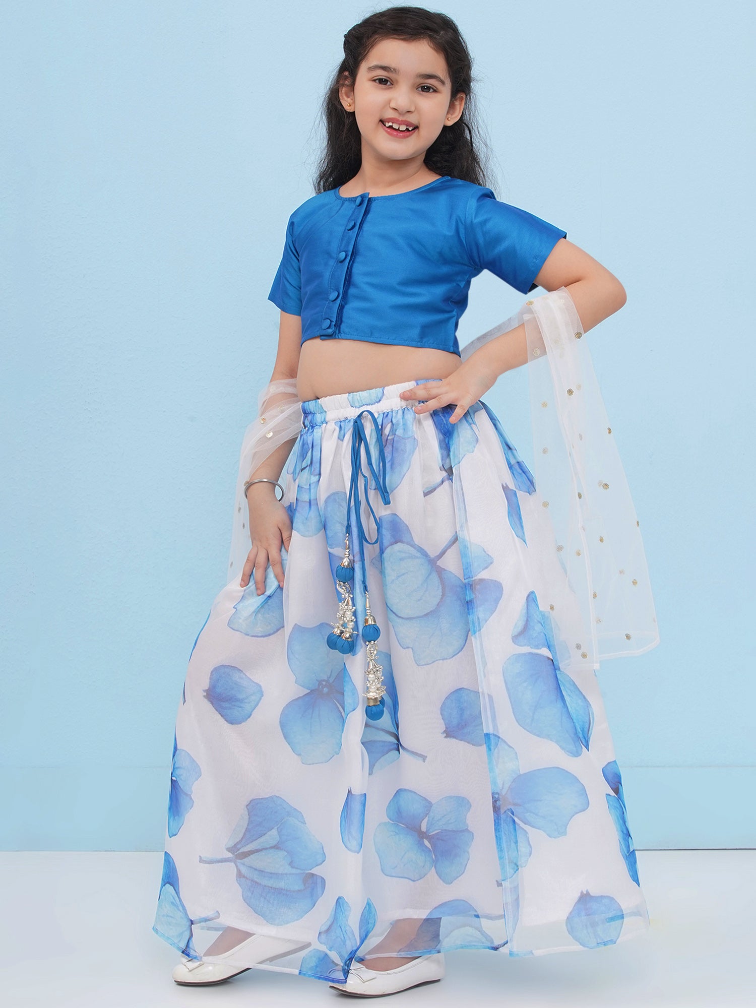 Blue Organza Half Sleeves Floral Print Lehenga Choli For Girls - AJ Dezines