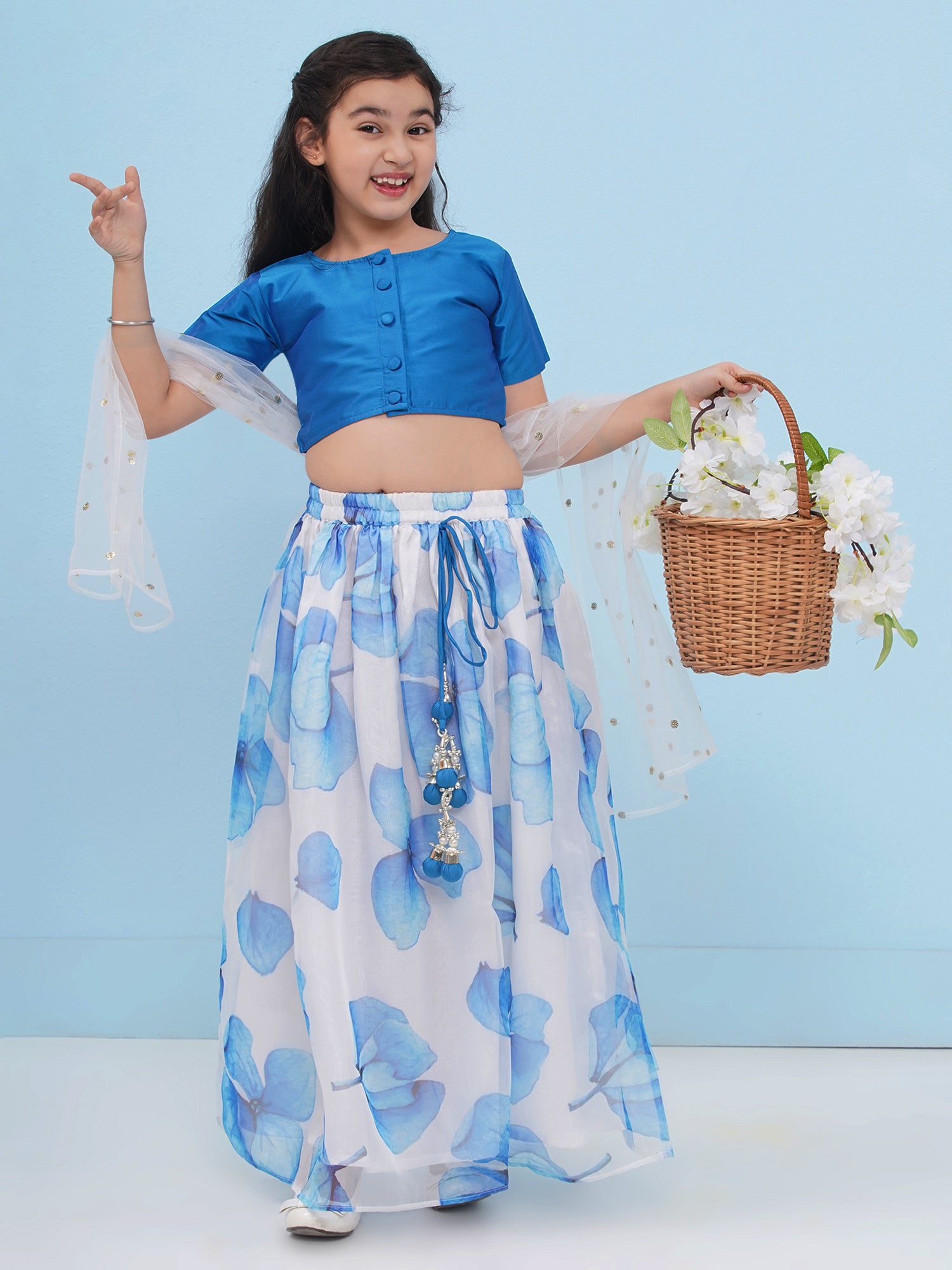 Blue Organza Half Sleeves Floral Print Lehenga Choli For Girls - AJ Dezines
