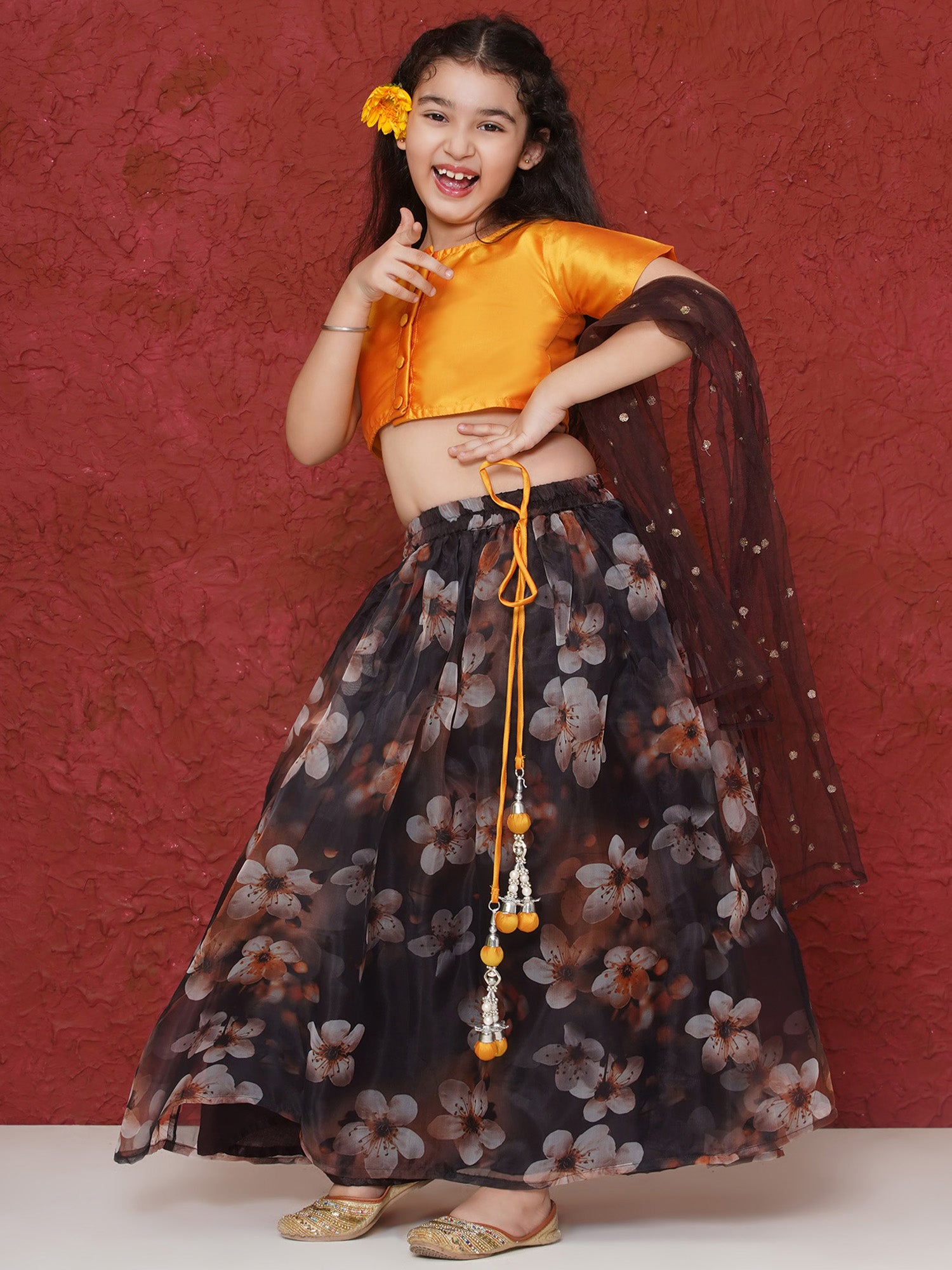 Yellow Organza Half Sleeves Floral Print Lehenga Choli For Girls - AJ Dezines
