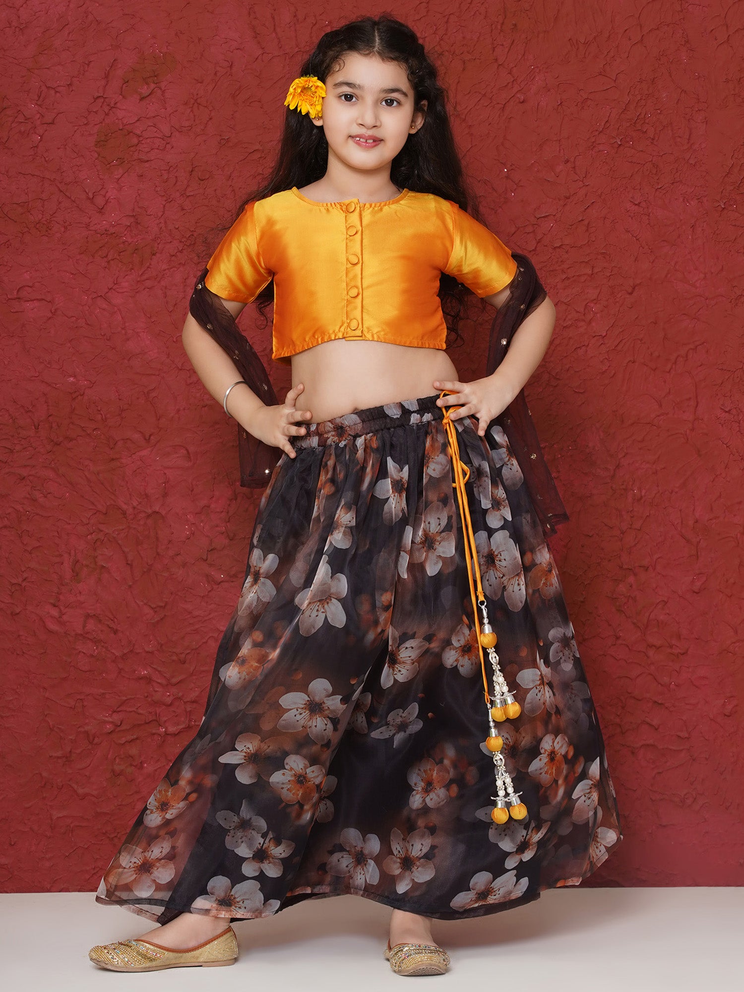 Yellow Organza Half Sleeves Floral Print Lehenga Choli For Girls - AJ Dezines