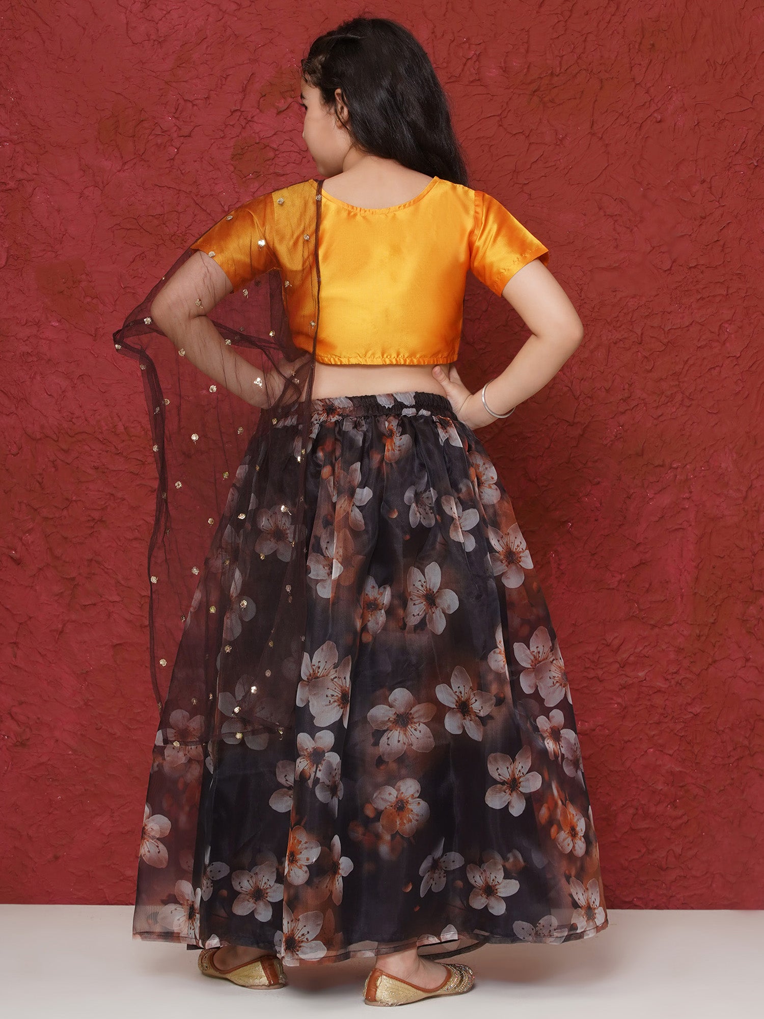 Yellow Organza Half Sleeves Floral Print Lehenga Choli For Girls - AJ Dezines