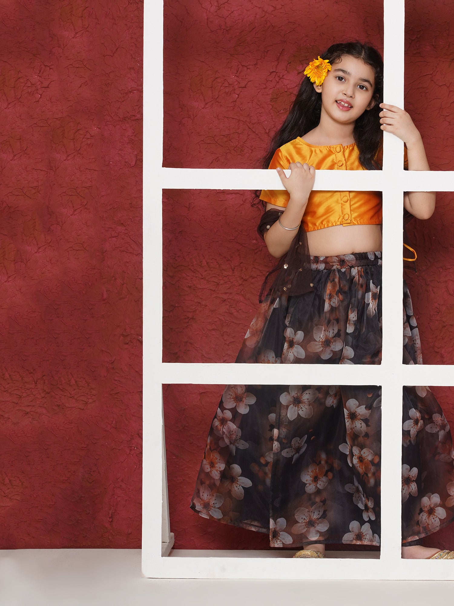 Yellow Organza Half Sleeves Floral Print Lehenga Choli For Girls - AJ Dezines