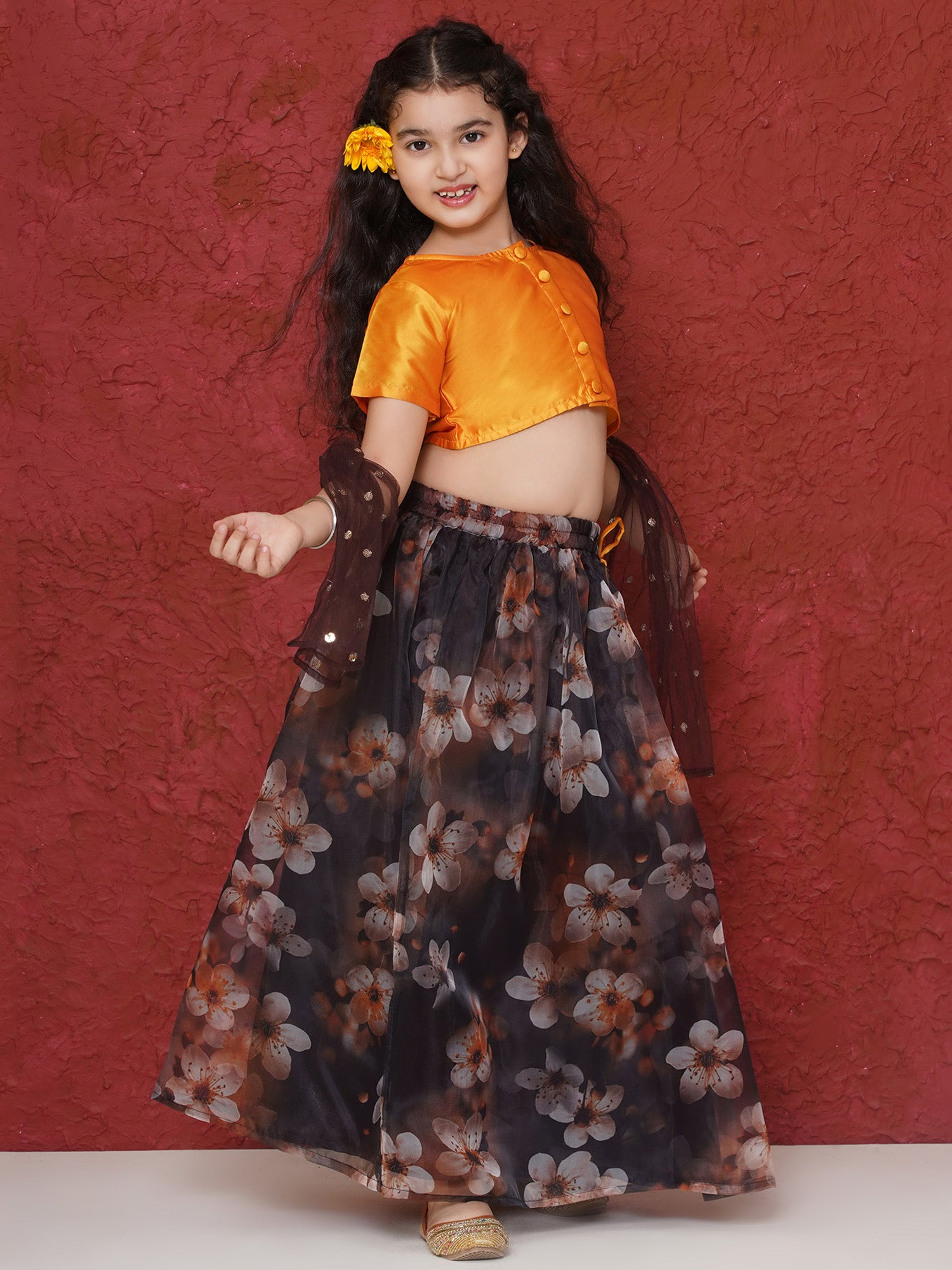 Yellow Organza Half Sleeves Floral Print Lehenga Choli For Girls - AJ Dezines