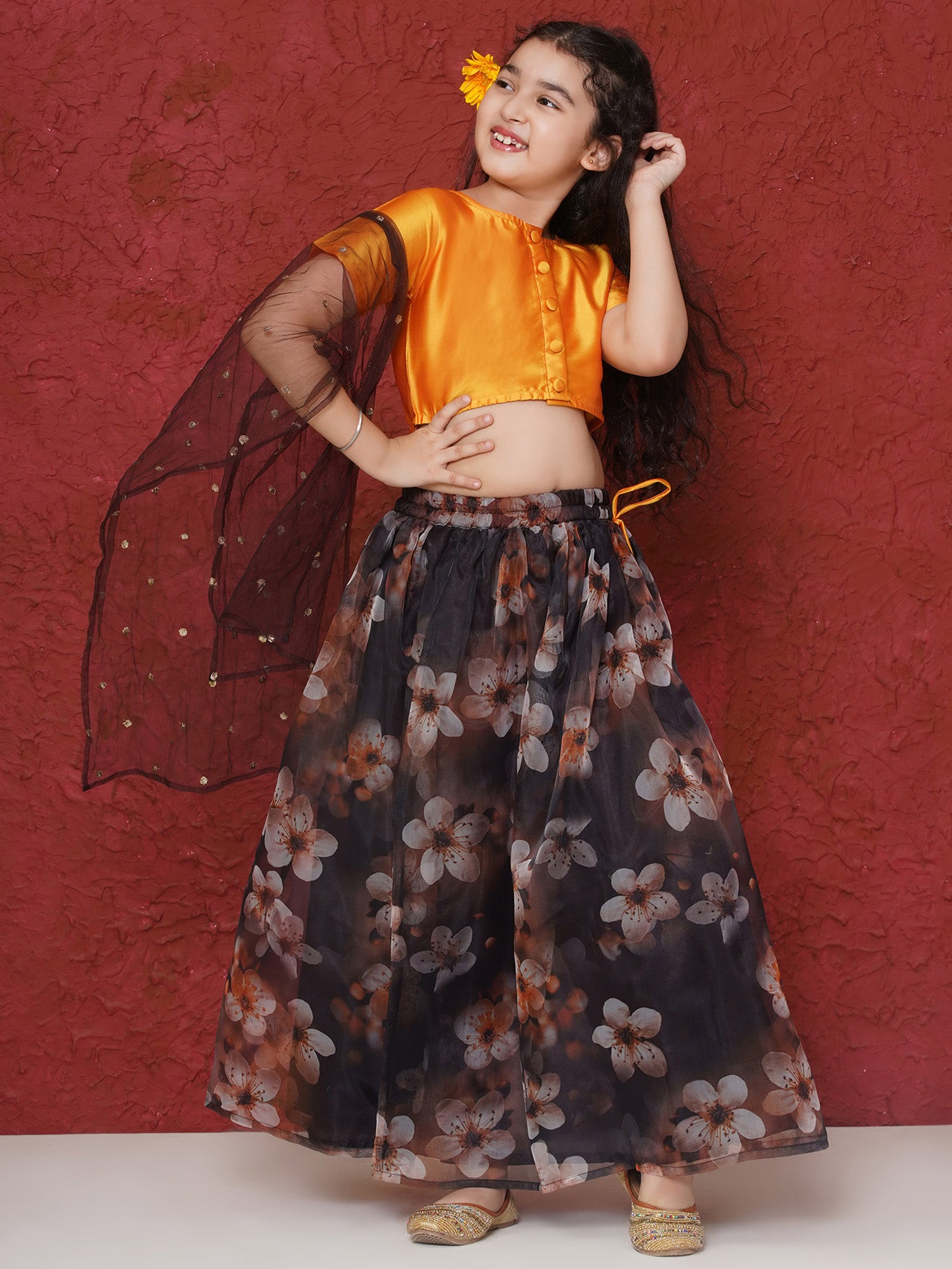 Yellow Organza Half Sleeves Floral Print Lehenga Choli For Girls - AJ Dezines