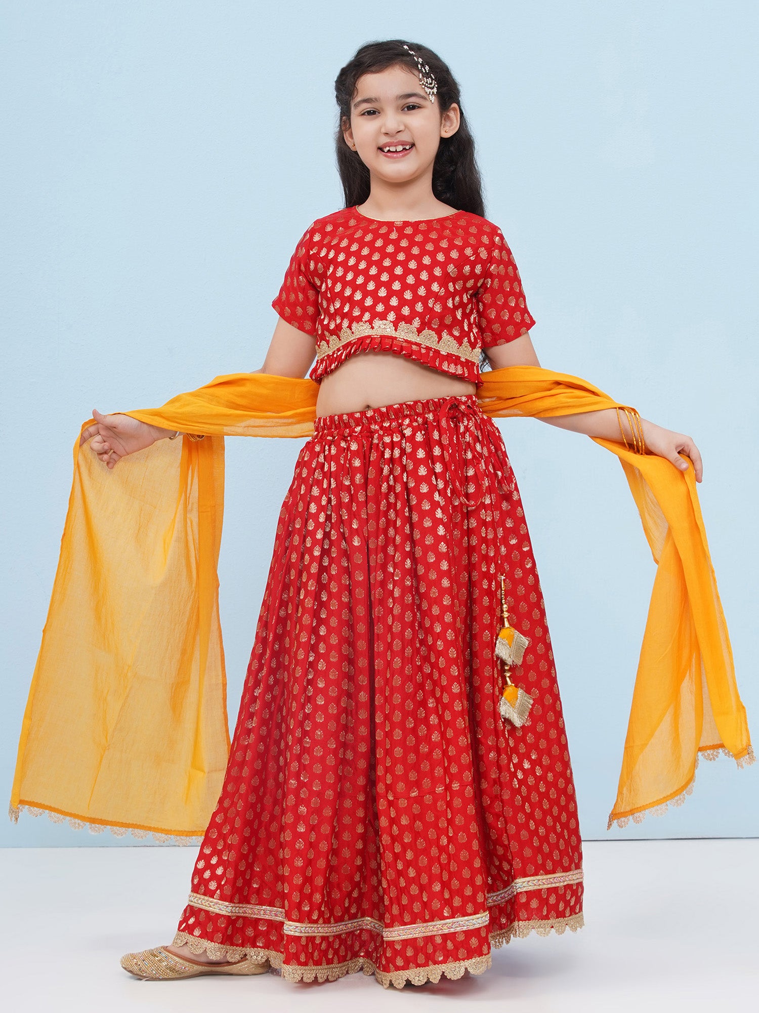 Red Poly Chanderi Half Sleeves Motif Print Lehenga Choli For Girls - AJ Dezines