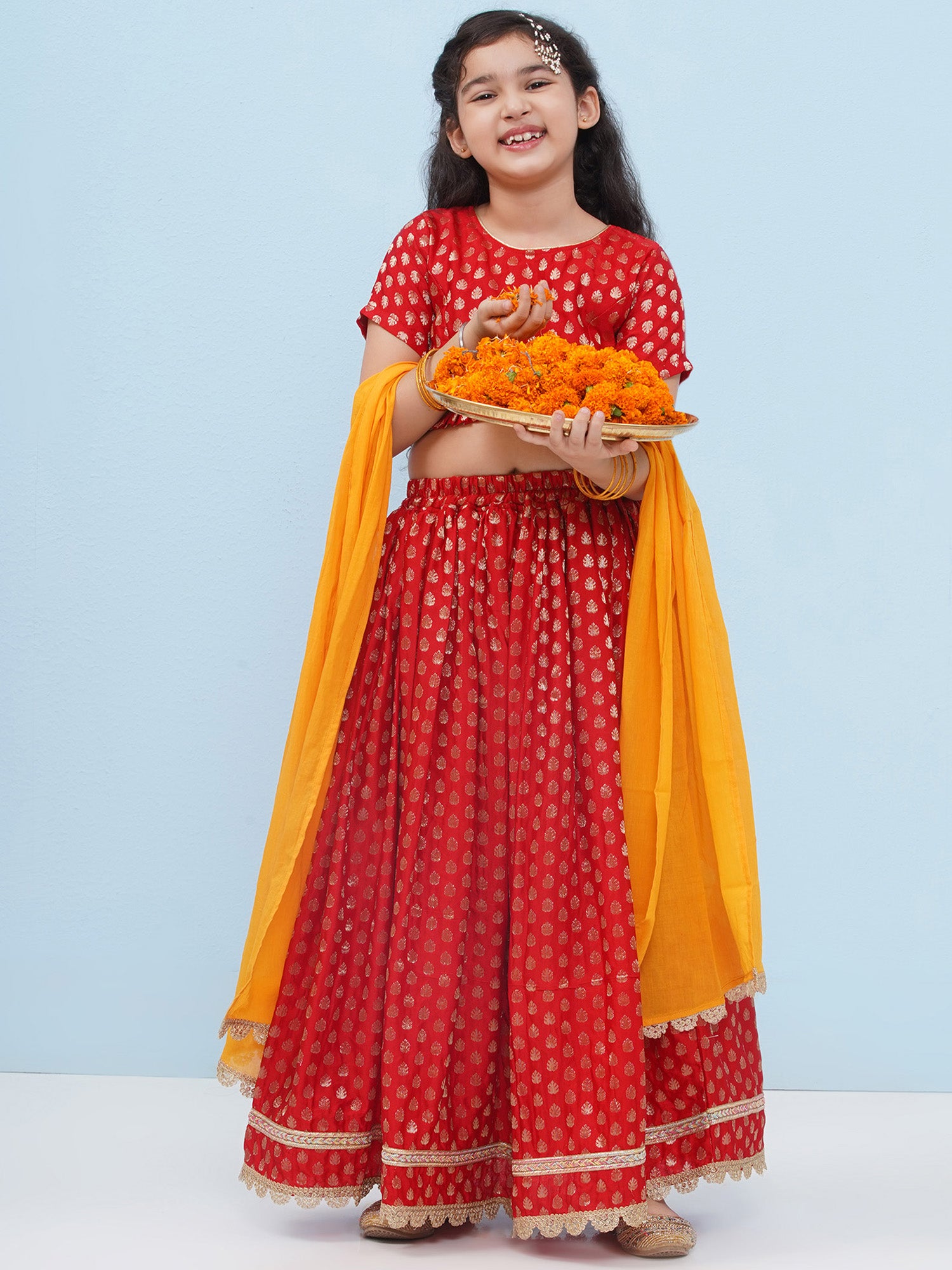 Red Poly Chanderi Half Sleeves Motif Print Lehenga Choli For Girls - AJ Dezines