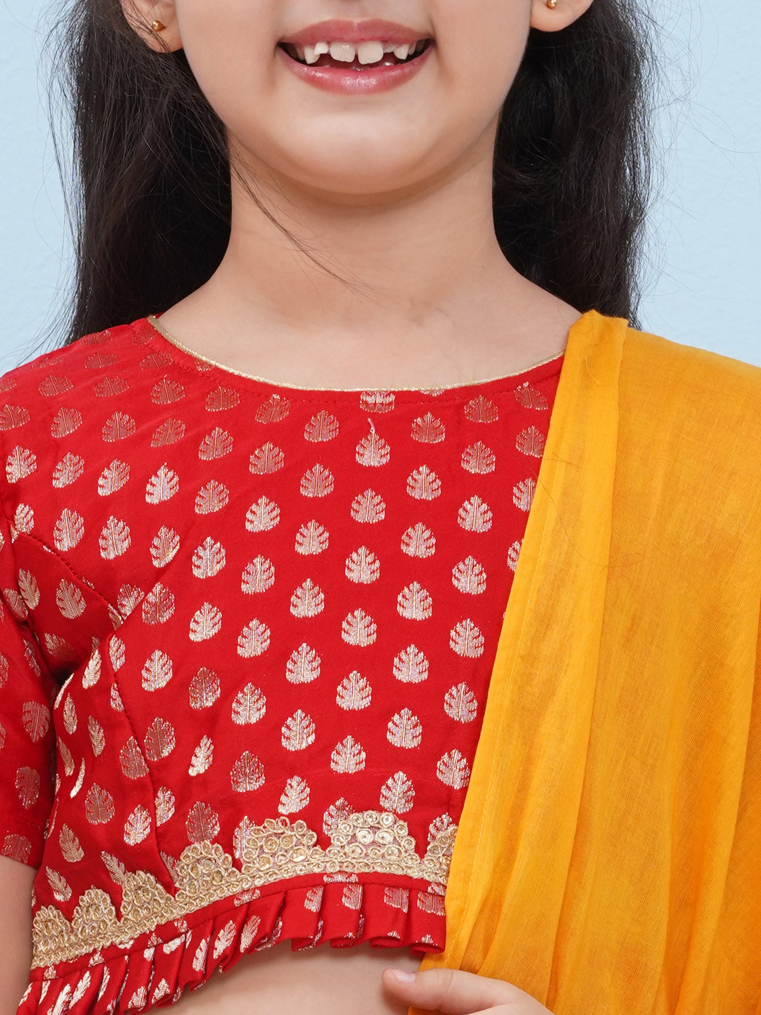 Red Poly Chanderi Half Sleeves Motif Print Lehenga Choli For Girls - AJ Dezines