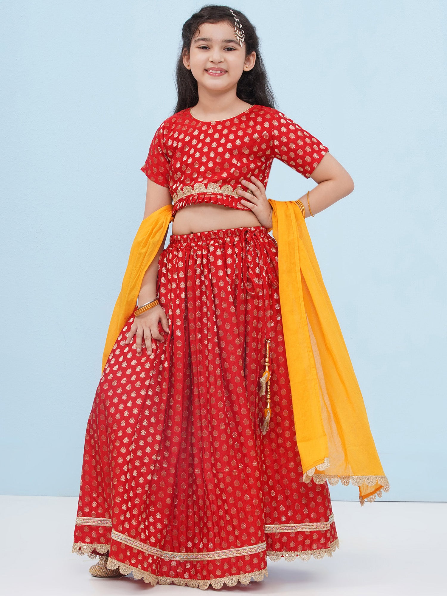 Red Poly Chanderi Half Sleeves Motif Print Lehenga Choli For Girls - AJ Dezines