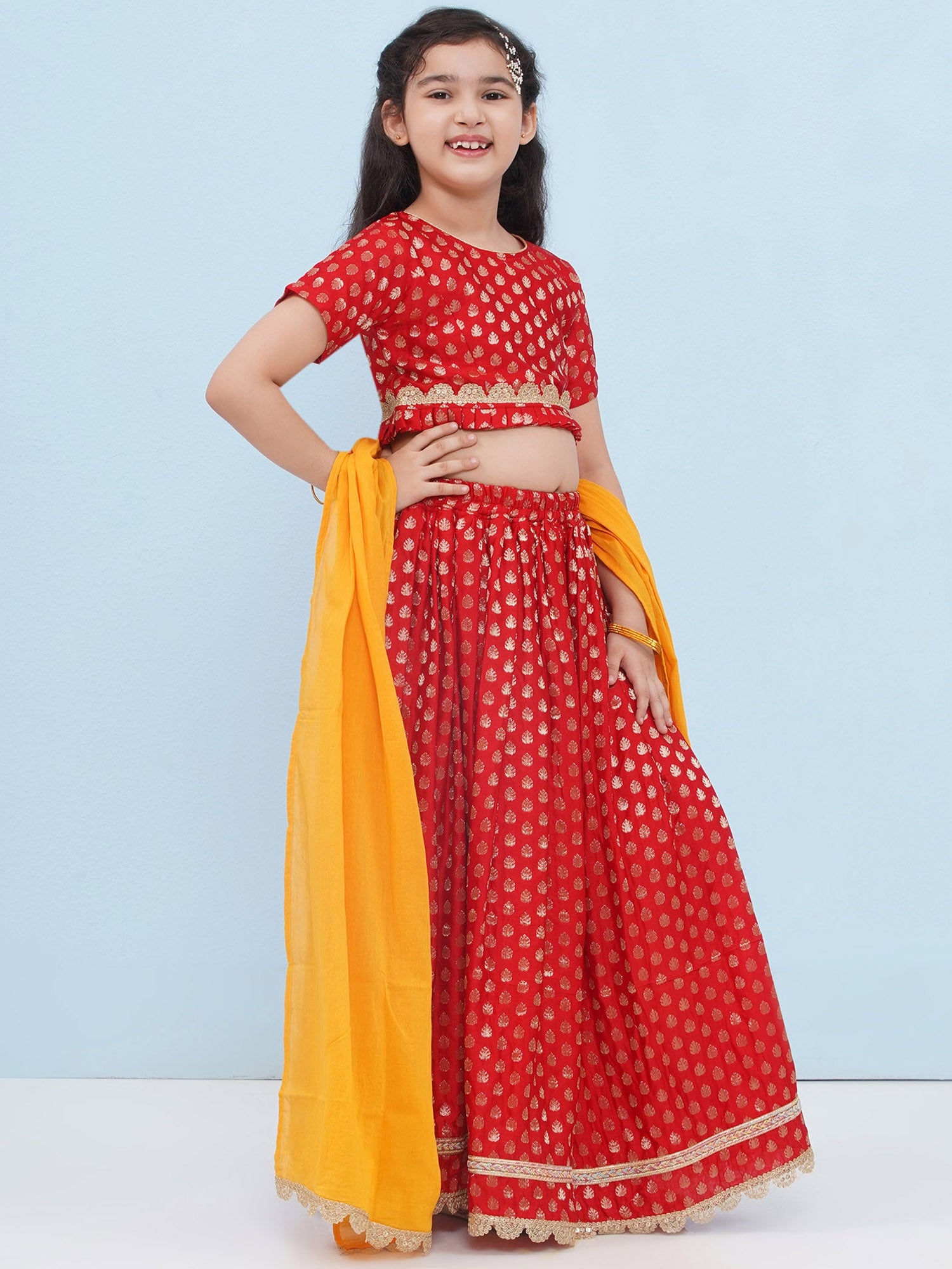 Red Poly Chanderi Half Sleeves Motif Print Lehenga Choli For Girls - AJ Dezines