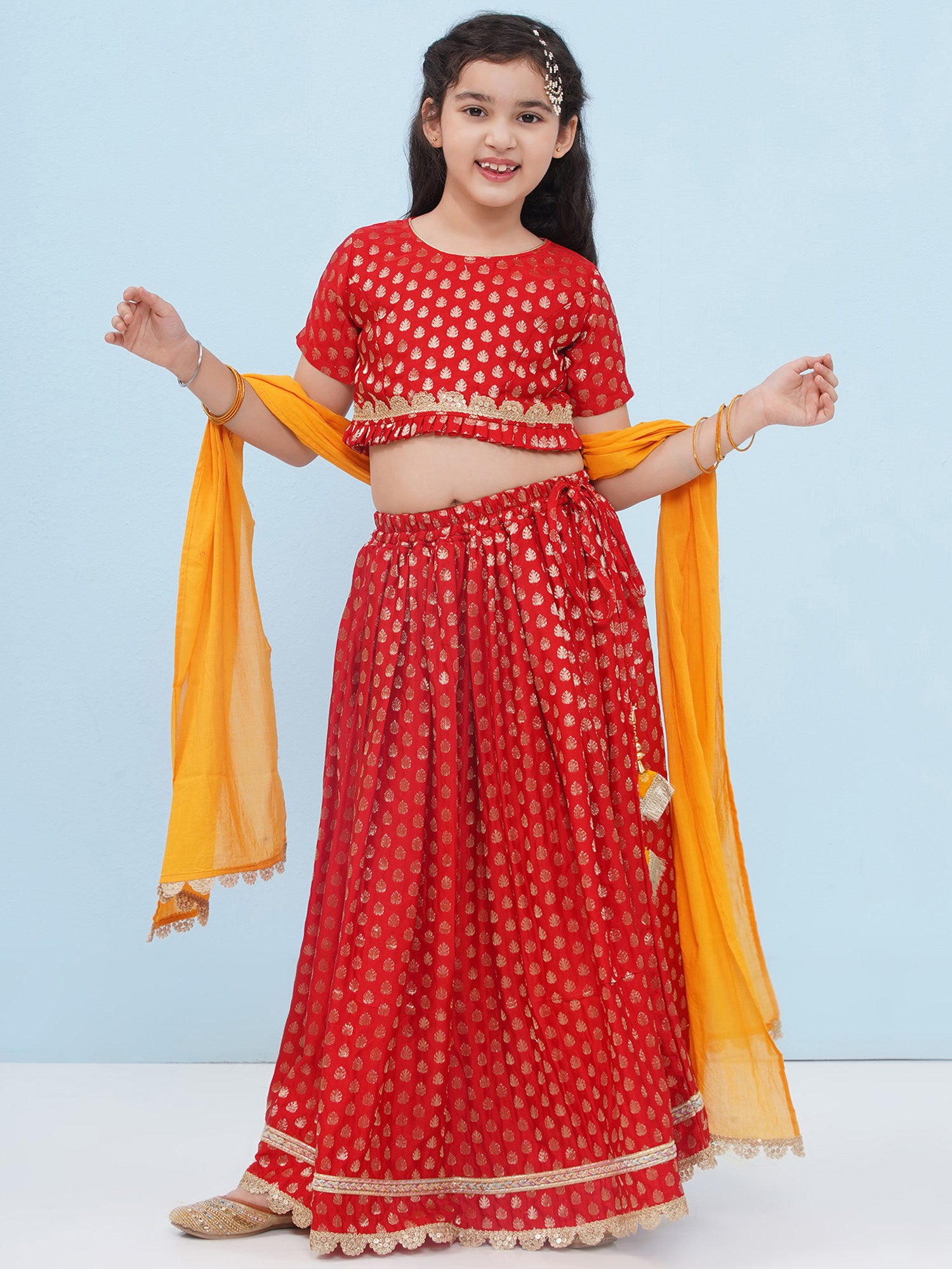 Red Poly Chanderi Half Sleeves Motif Print Lehenga Choli For Girls - AJ Dezines