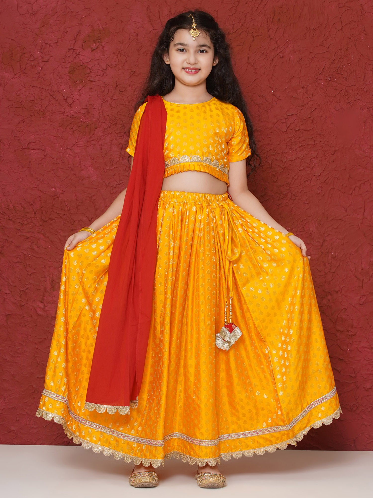 Yellow Poly Chanderi Half Sleeves Motif Print Lehenga Choli For Girls - AJ Dezines