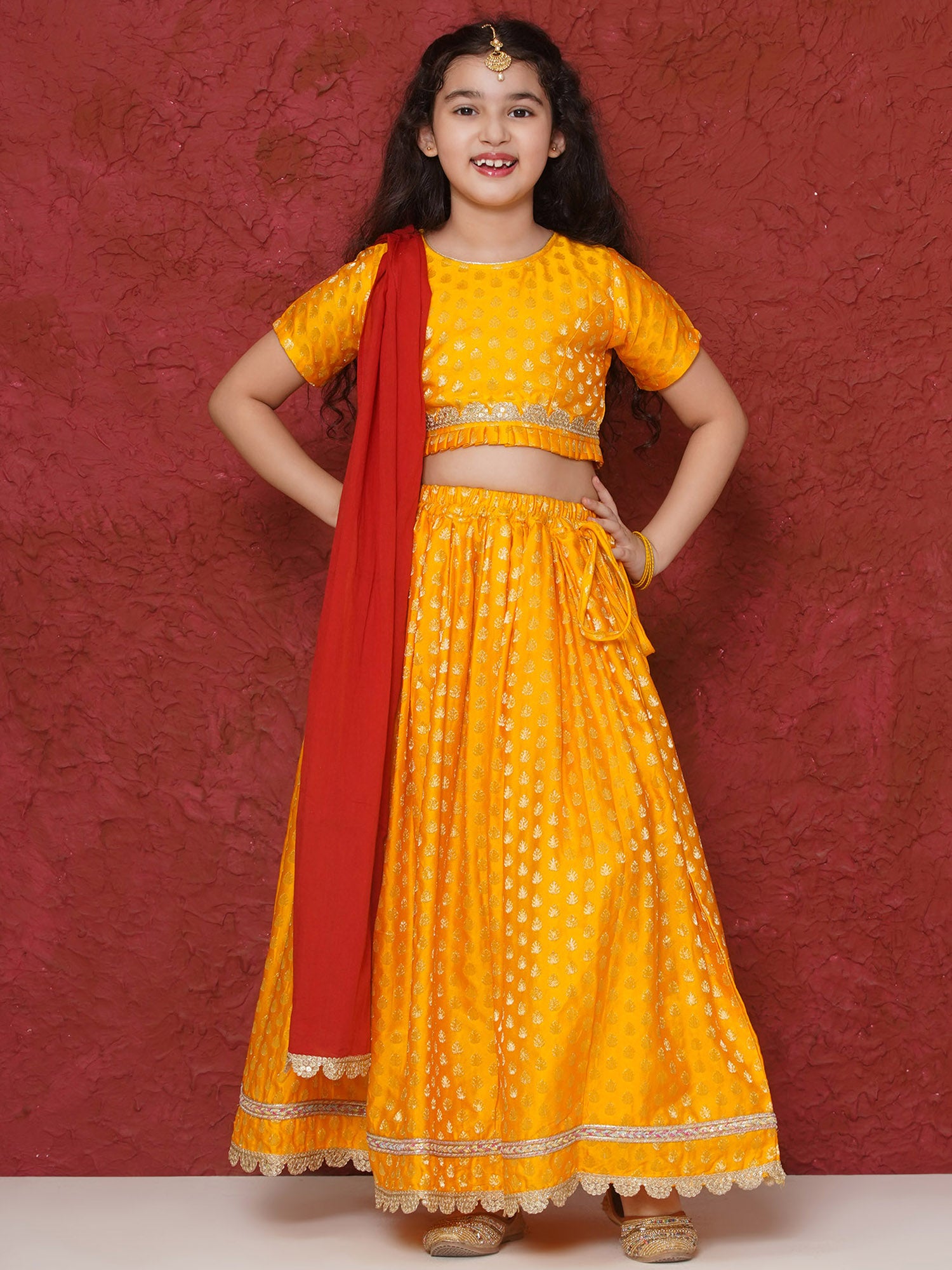 Yellow Poly Chanderi Half Sleeves Motif Print Lehenga Choli For Girls - AJ Dezines