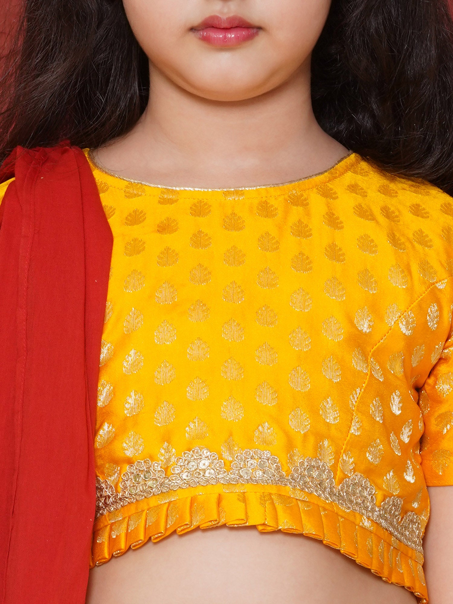 Yellow Poly Chanderi Half Sleeves Motif Print Lehenga Choli For Girls - AJ Dezines