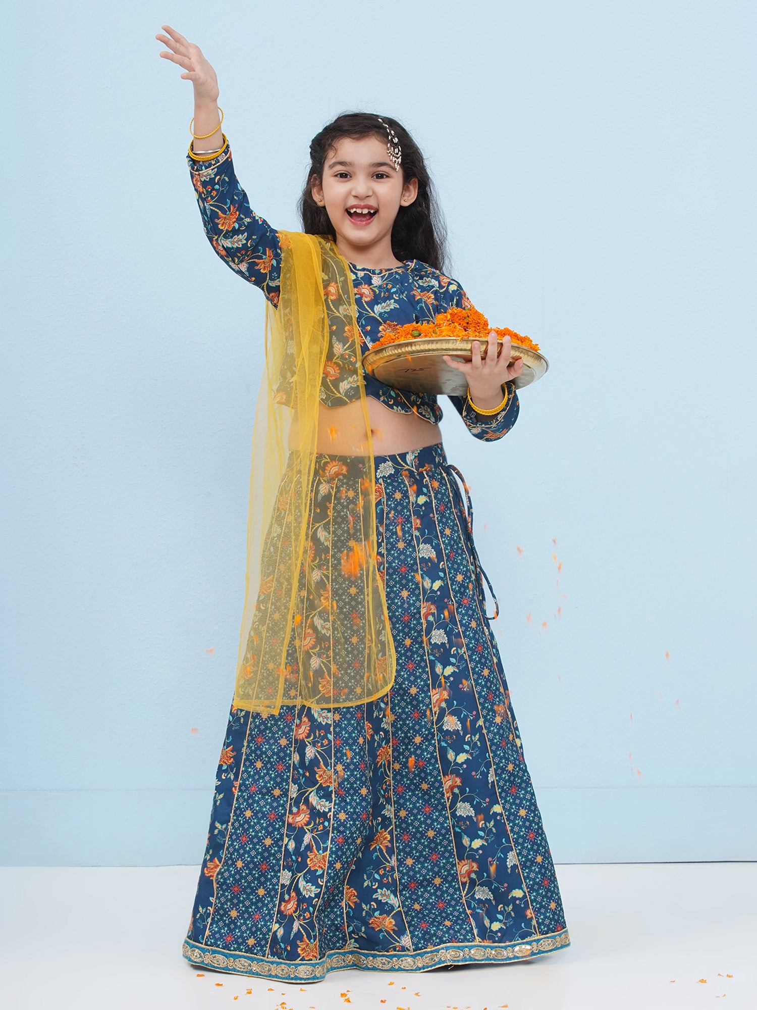 Dark Blue Rayon Full sleeves Floral Print Lehenga Choli for Girls - AJ Dezines