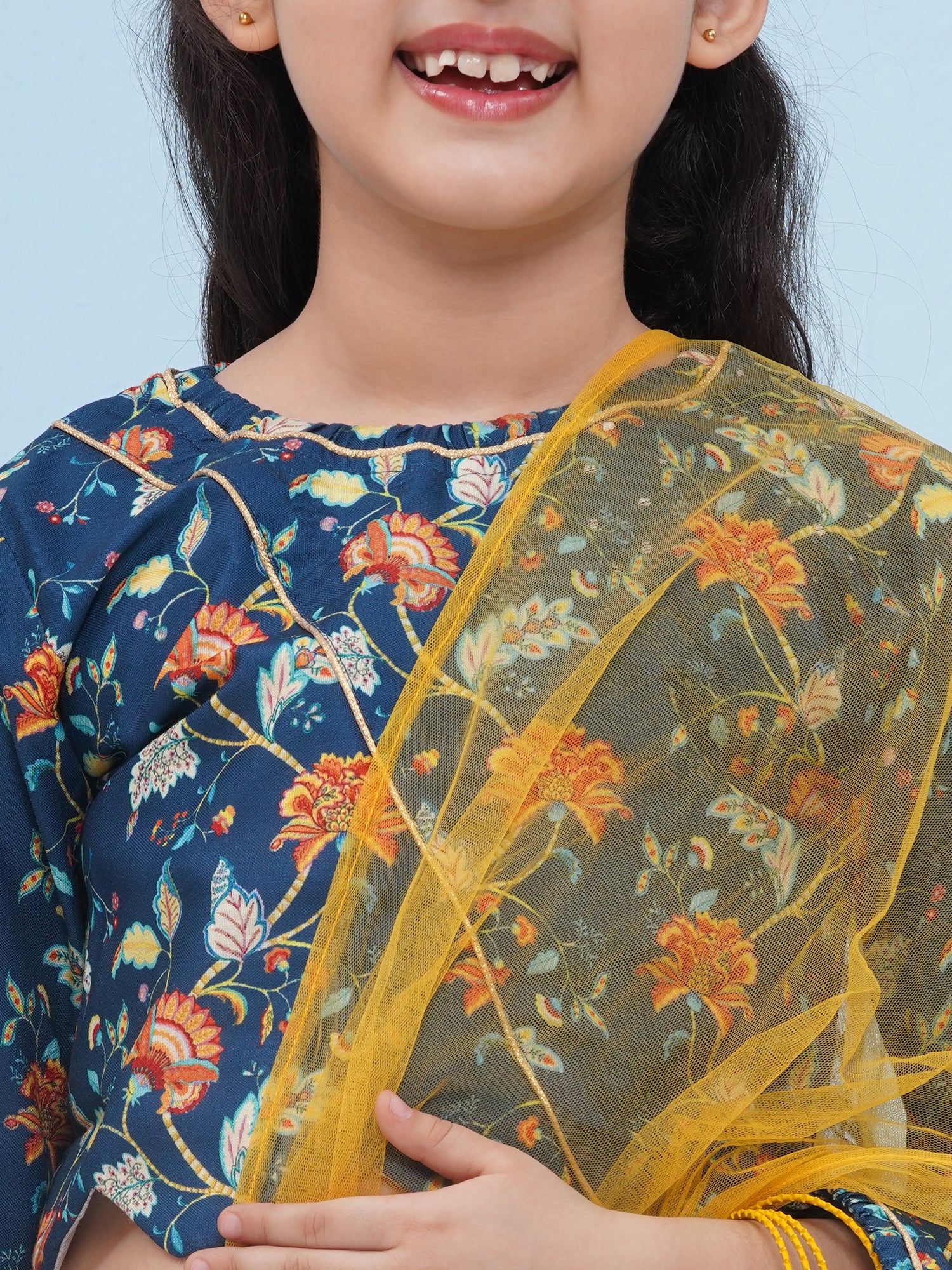 Dark Blue Rayon Full sleeves Floral Print Lehenga Choli for Girls - AJ Dezines