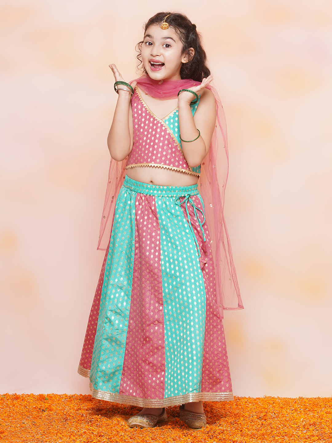 Girls Firozi Embroidered Lehenga Choli Set for Festivals - AJ Dezines