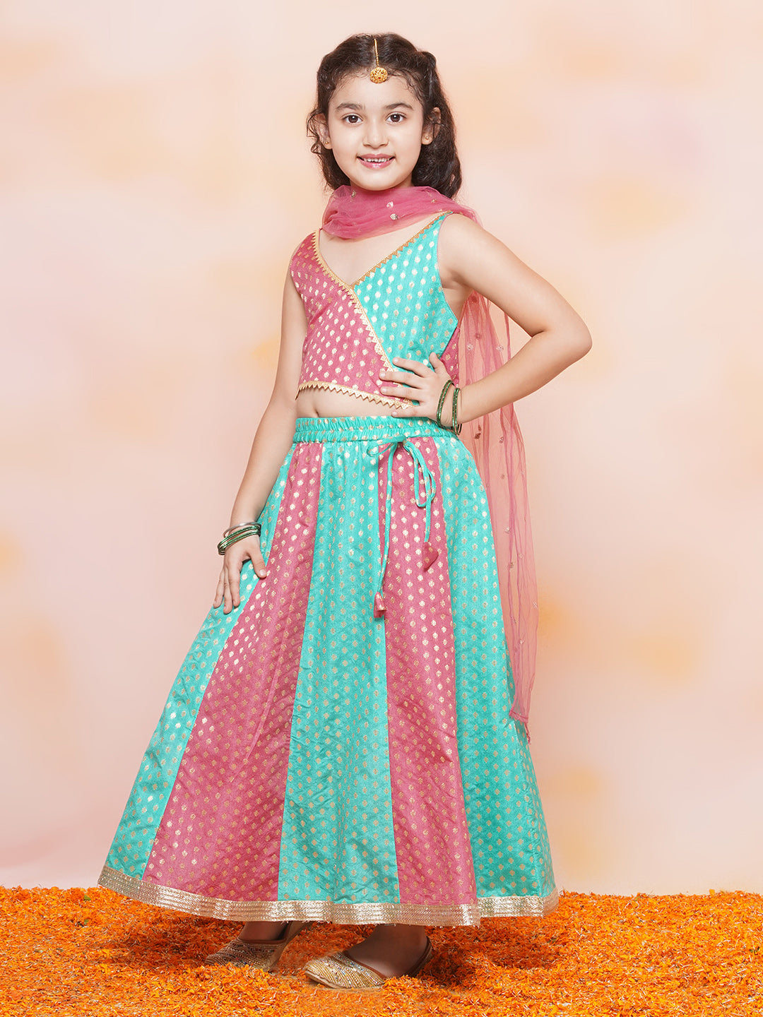 Girls Firozi Embroidered Lehenga Choli Set for Festivals - AJ Dezines