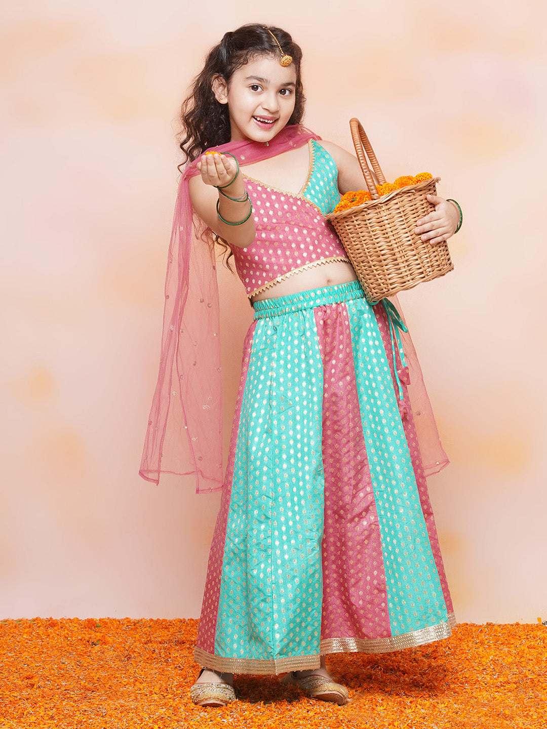 Girls Firozi Embroidered Lehenga Choli Set for Festivals - AJ Dezines