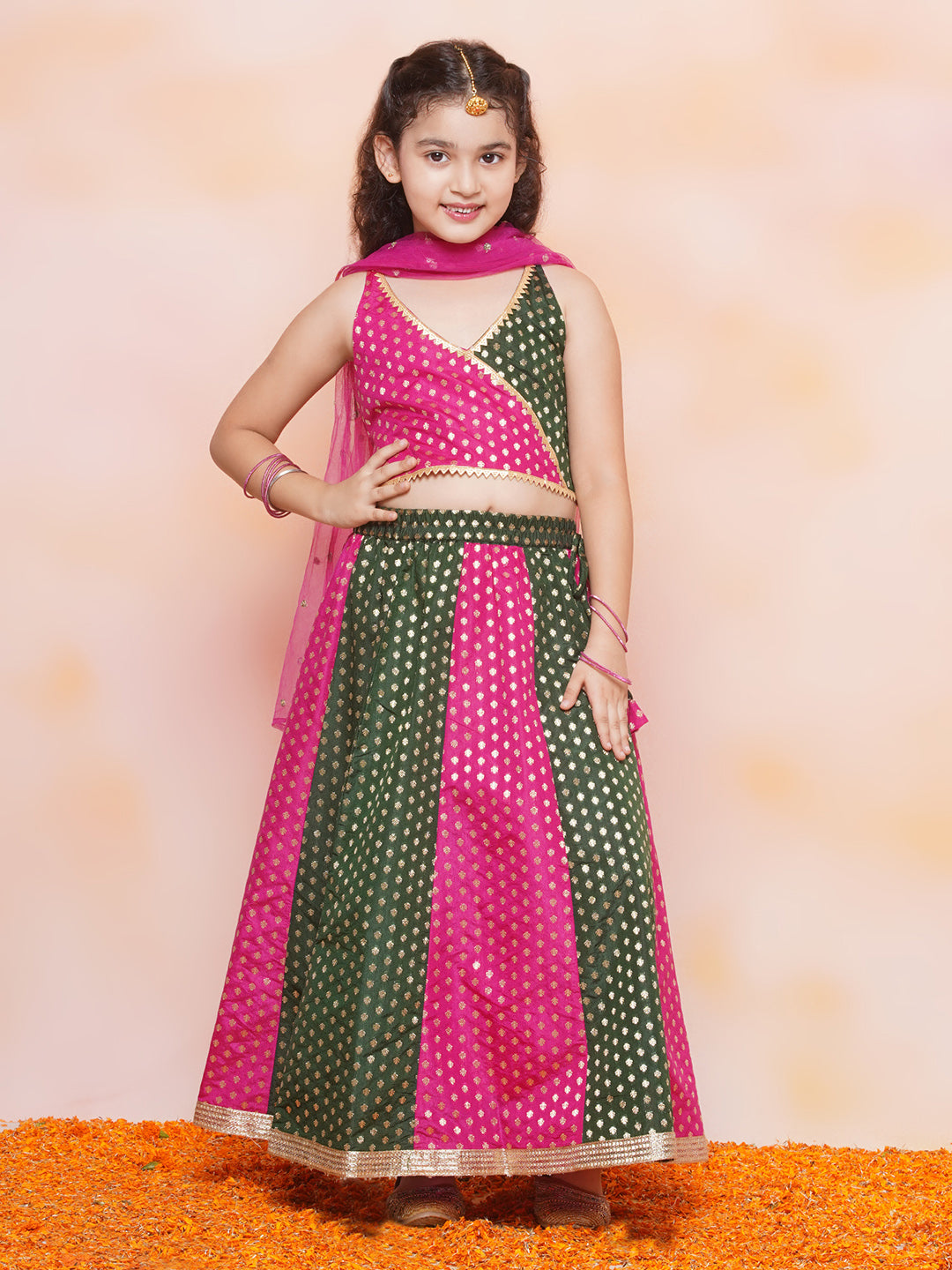 Kids Ethnic Wear Girls Green Embellished Brocade Lehenga Choli - AJ Dezines