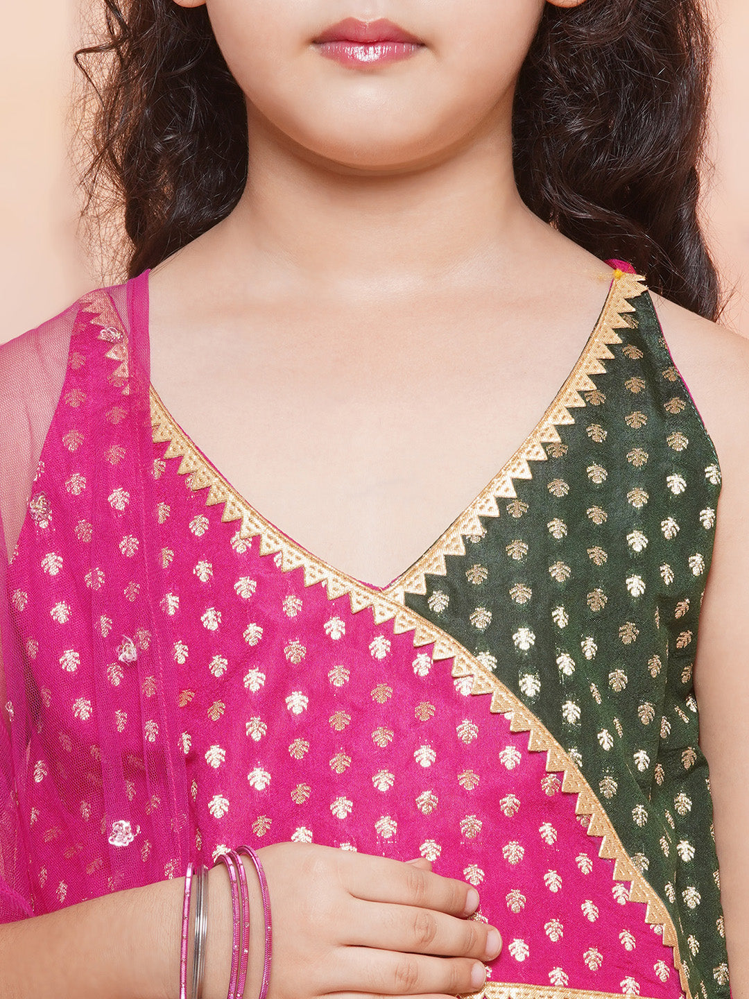 Kids Ethnic Wear Girls Green Embellished Brocade Lehenga Choli - AJ Dezines