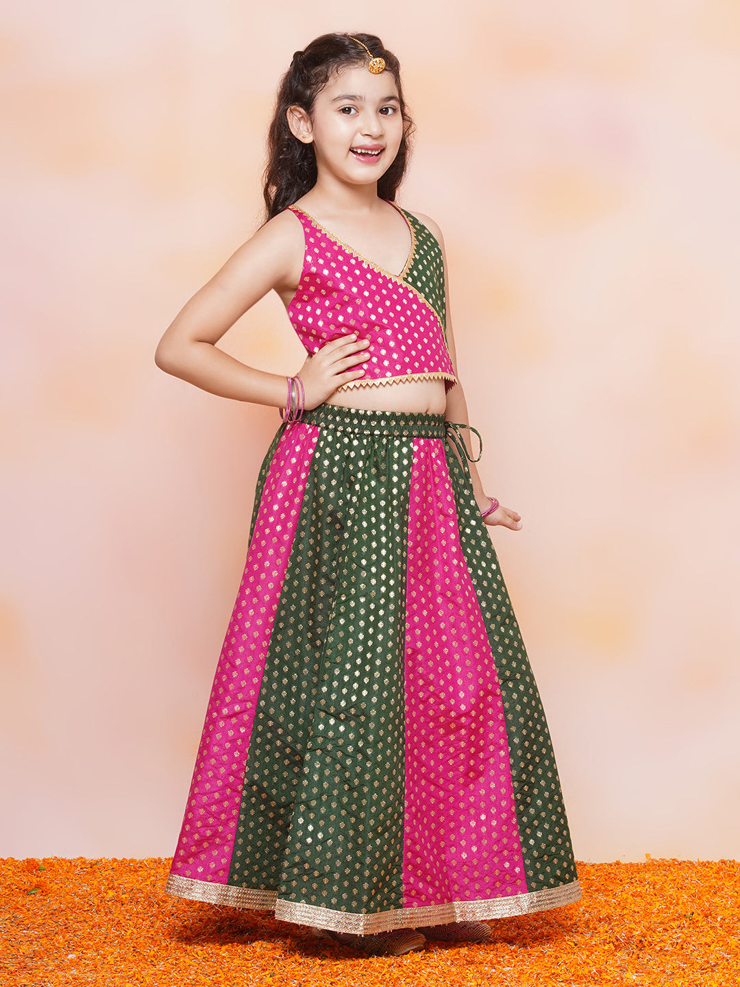 Kids Ethnic Wear Girls Green Embellished Brocade Lehenga Choli - AJ Dezines