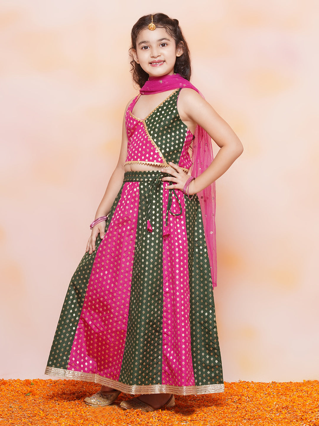 Kids Ethnic Wear Girls Green Embellished Brocade Lehenga Choli - AJ Dezines