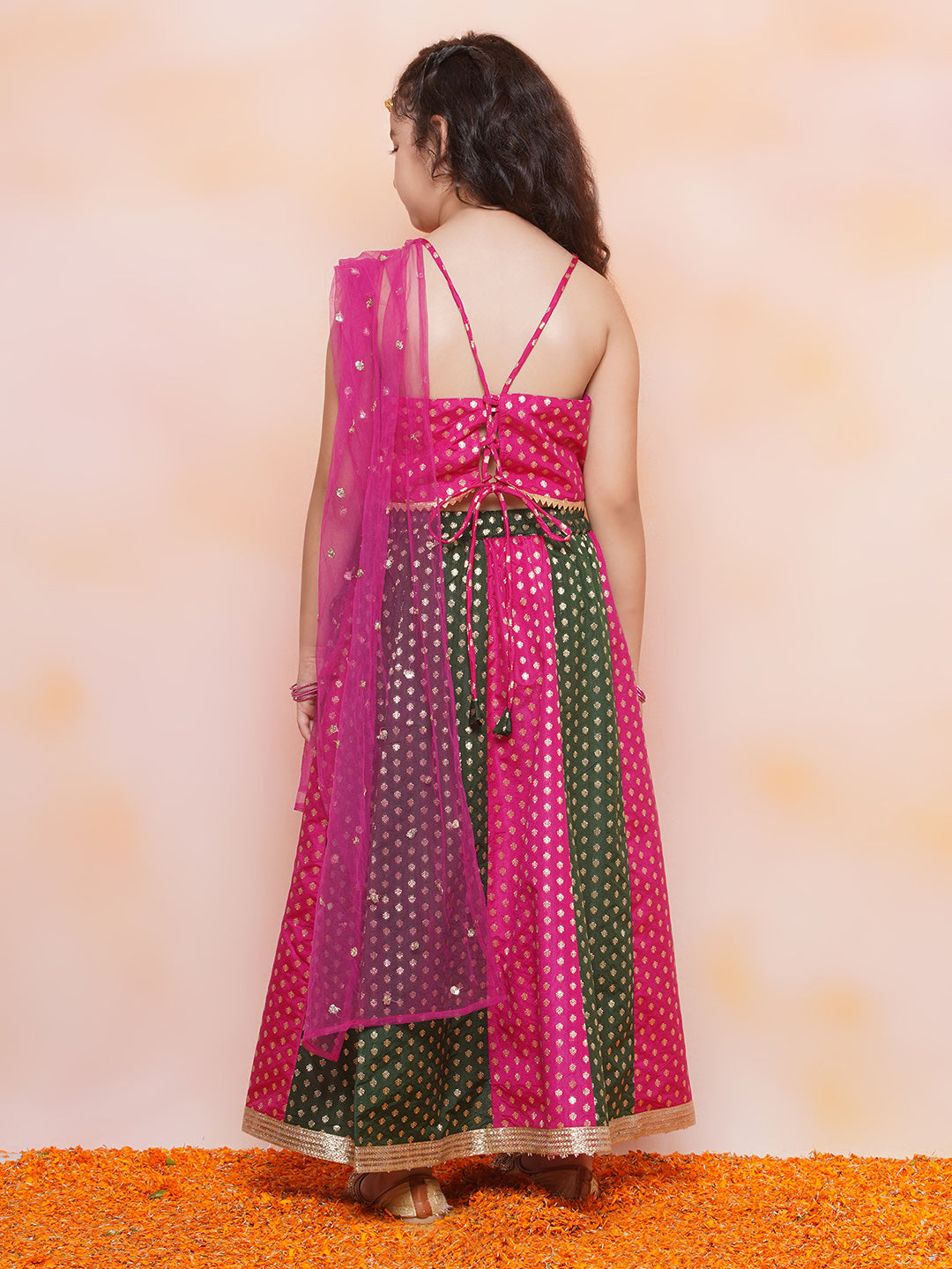 Kids Ethnic Wear Girls Green Embellished Brocade Lehenga Choli - AJ Dezines