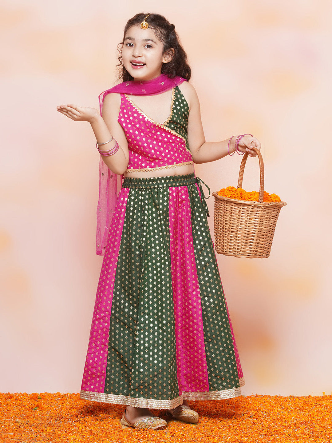 Kids Ethnic Wear Girls Green Embellished Brocade Lehenga Choli - AJ Dezines