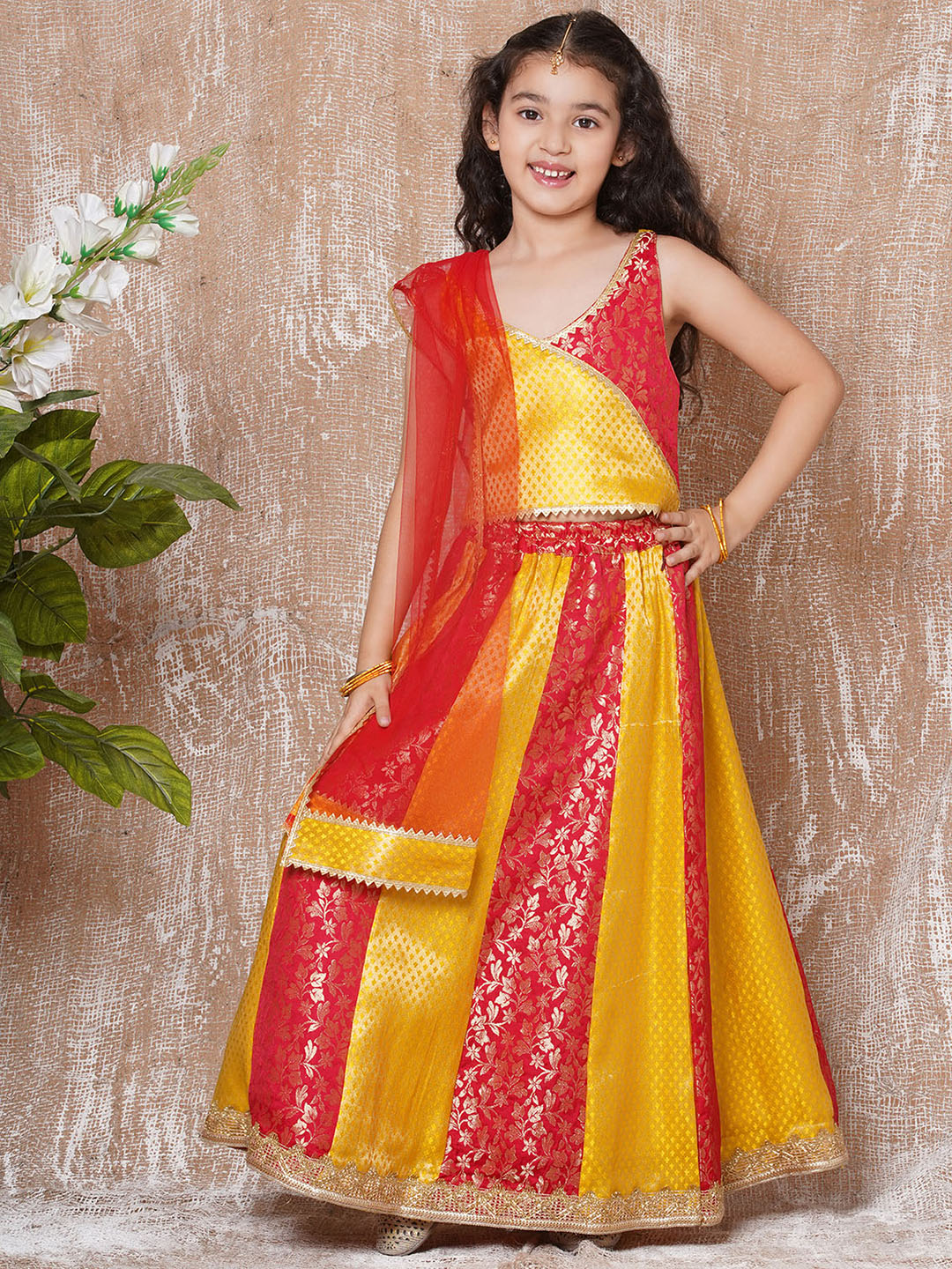 Kids Ethnic Wear Girls Red Embellished Brocade Lehenga Choli - AJ Dezines