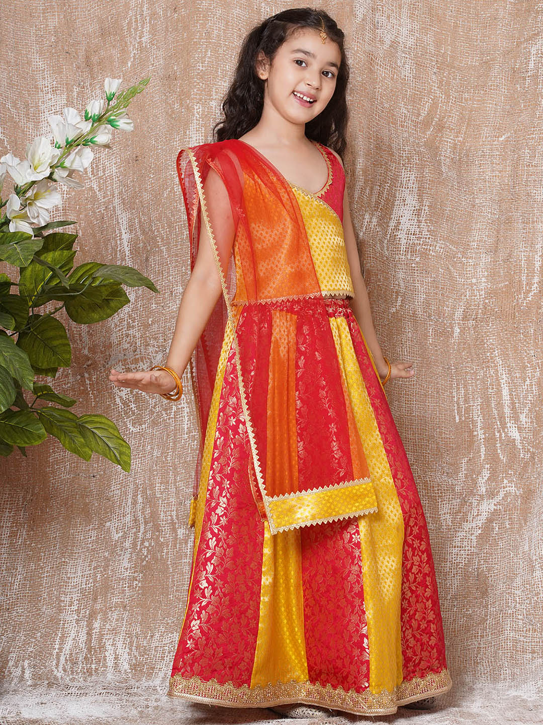 Kids Ethnic Wear Girls Red Embellished Brocade Lehenga Choli - AJ Dezines