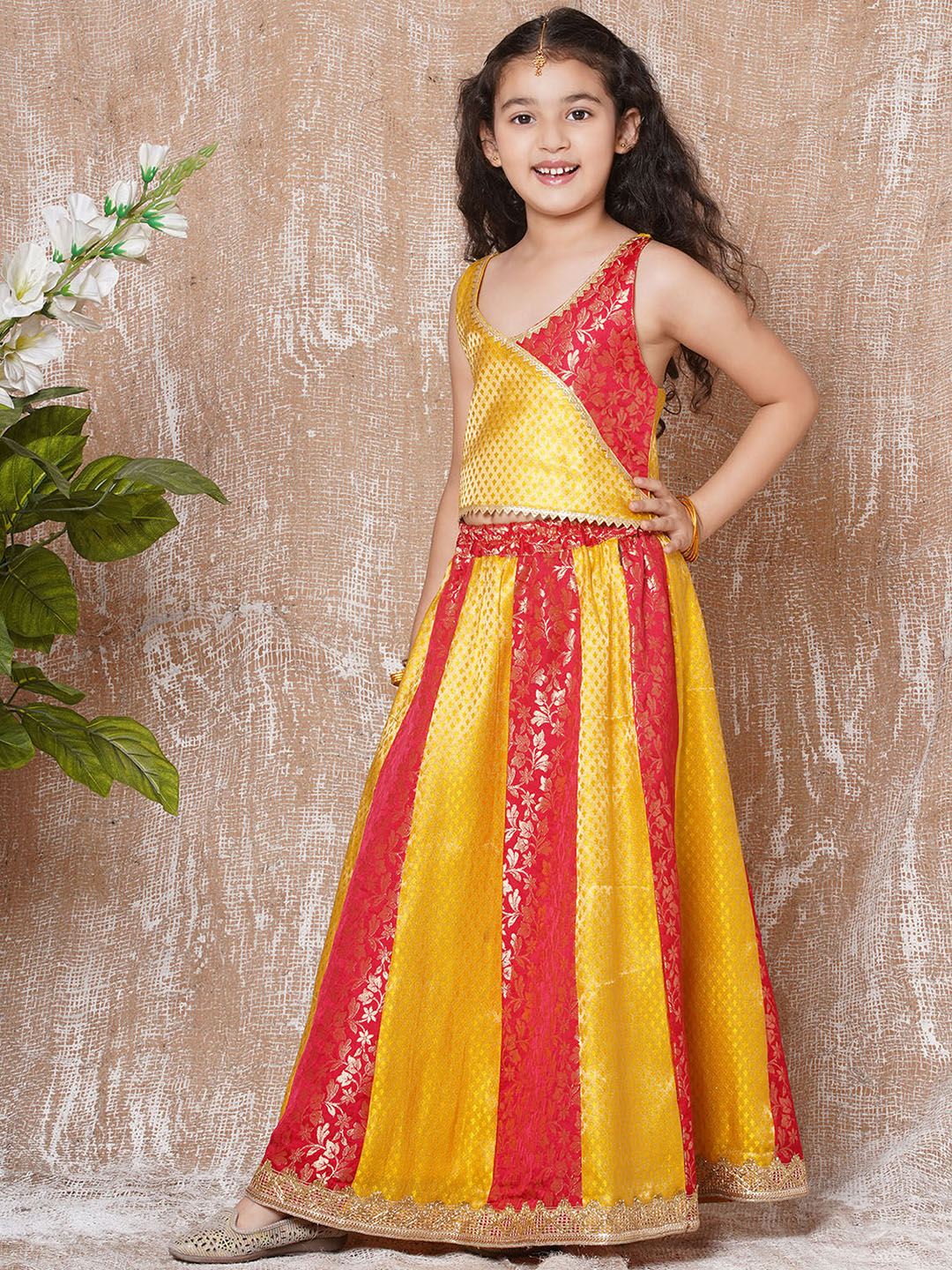 Kids Ethnic Wear Girls Red Embellished Brocade Lehenga Choli - AJ Dezines