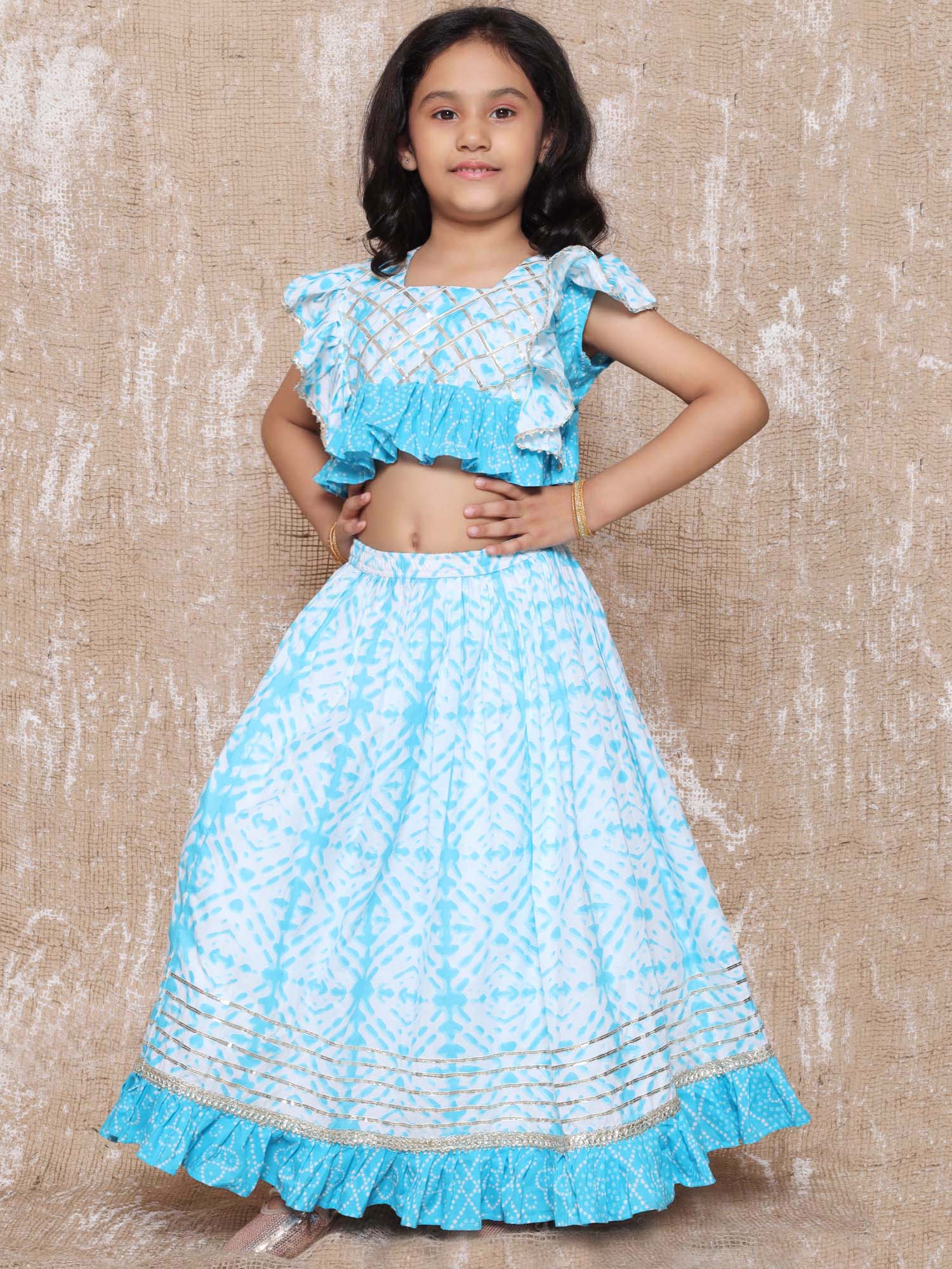 Kids Cotton Bandhani Print Sleeveless Lehenga Choli Set For Girls