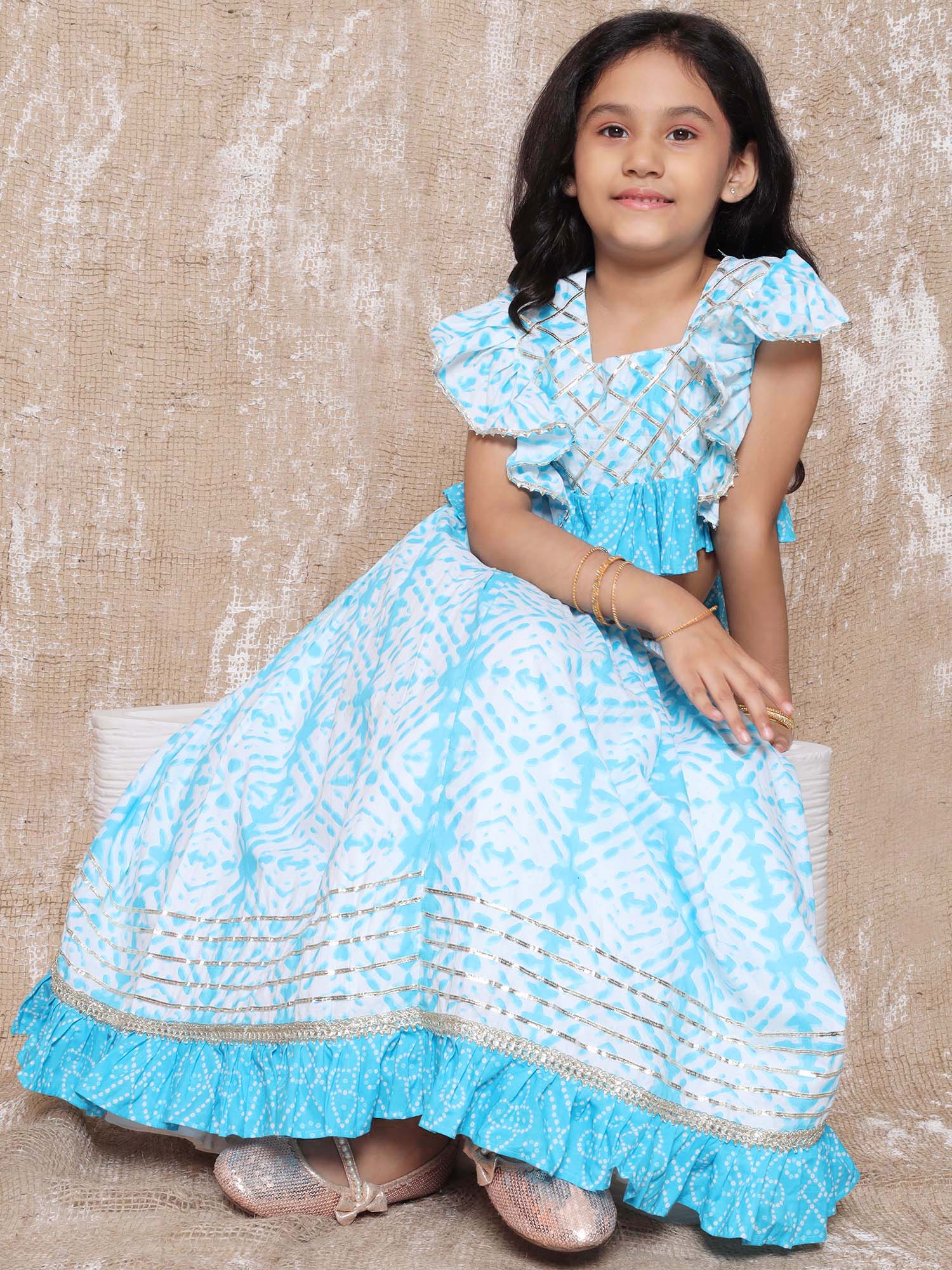 Boys Bandhani Pure Cotton Kurta Pyjamas and Girls Lehenga Sibling sets-Blue - AJ Dezines