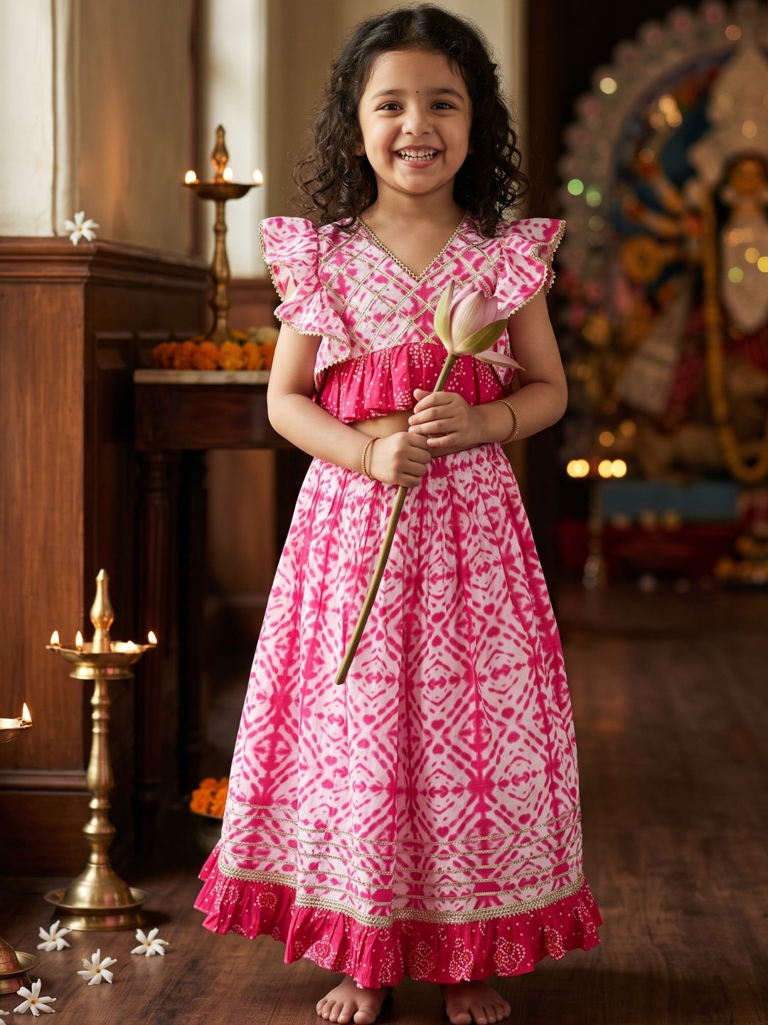 Kids Cotton Bandhani Print Sleeveless Lehenga Choli Set For Girls