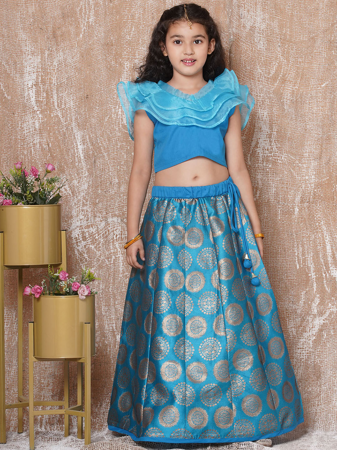 Kids Girls Blue Solid Brocade Lehenga Choli - AJ Dezines