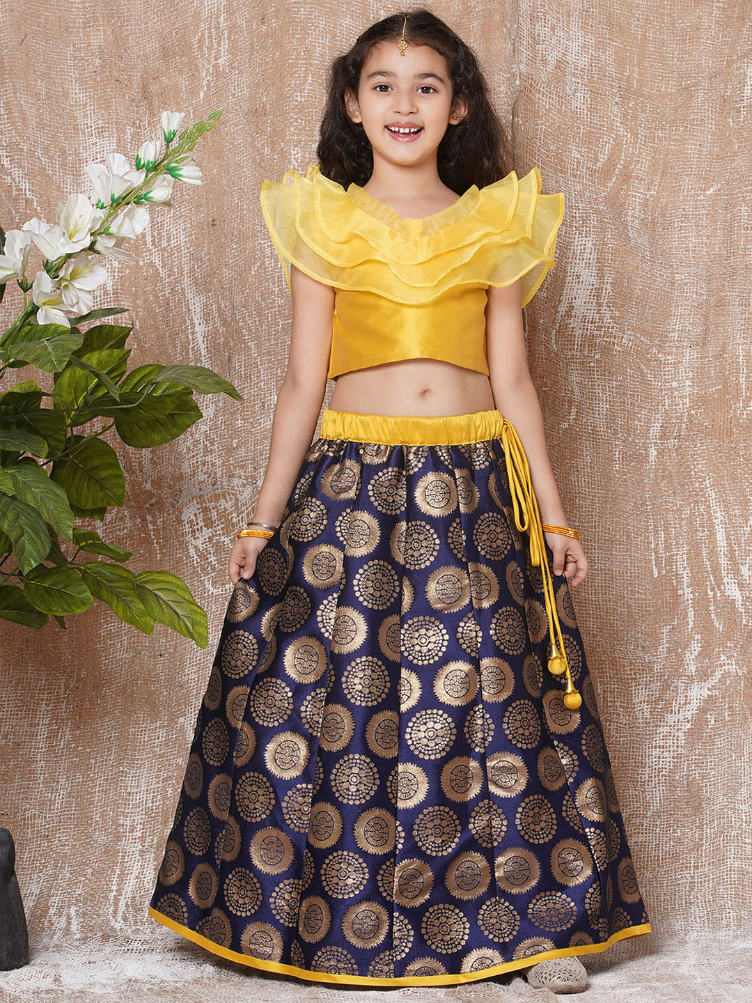 Kids Girls Yellow Solid Brocade Lehenga Choli - AJ Dezines