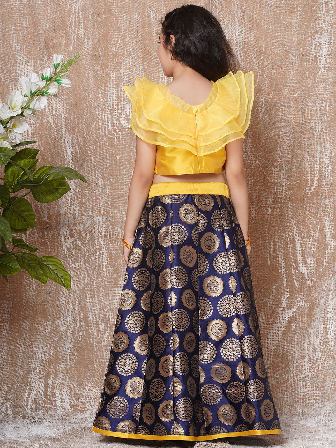 Kids Girls Yellow Solid Brocade Lehenga Choli - AJ Dezines