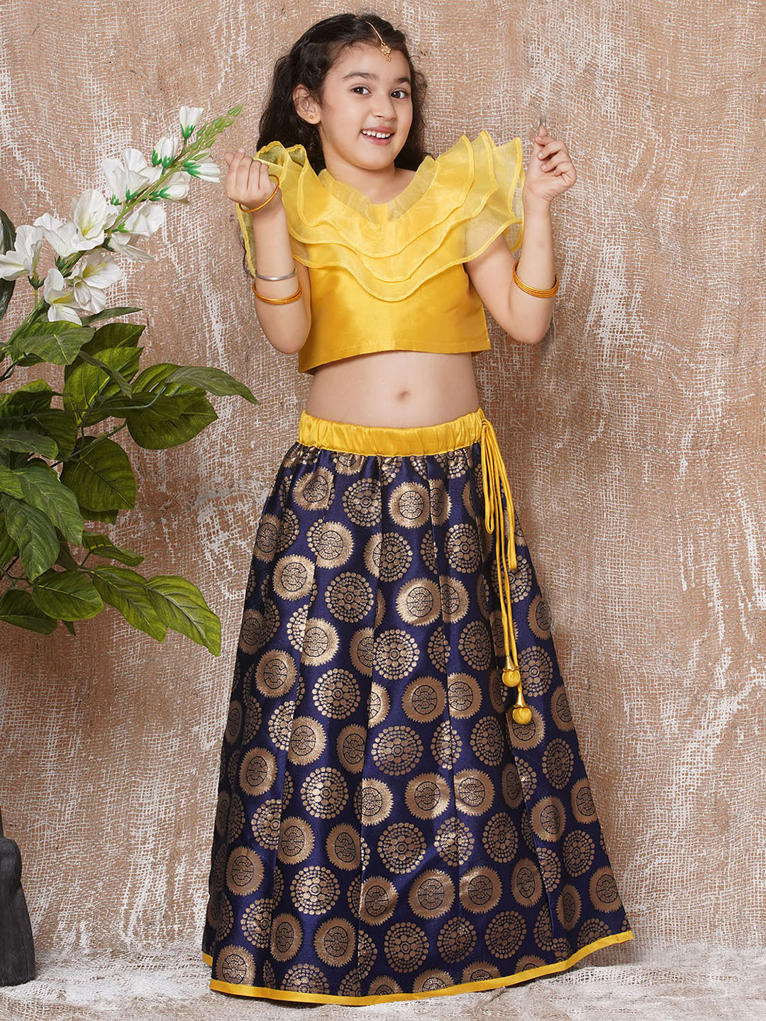 Kids Girls Yellow Solid Brocade Lehenga Choli - AJ Dezines