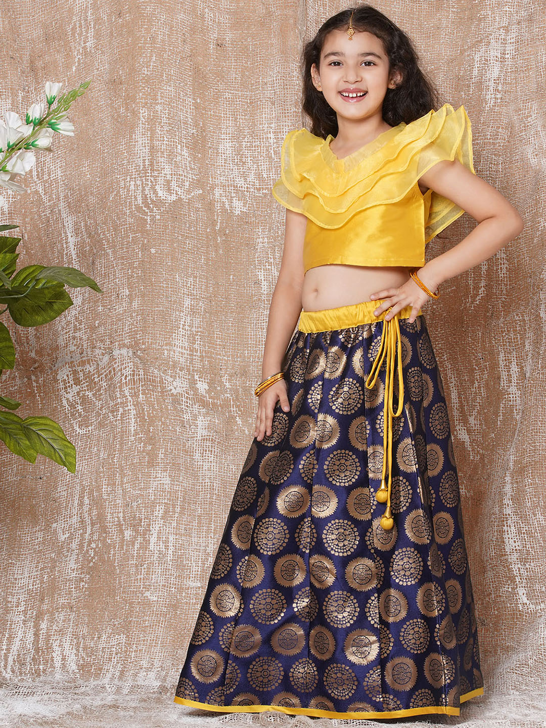 Kids Girls Yellow Solid Brocade Lehenga Choli - AJ Dezines
