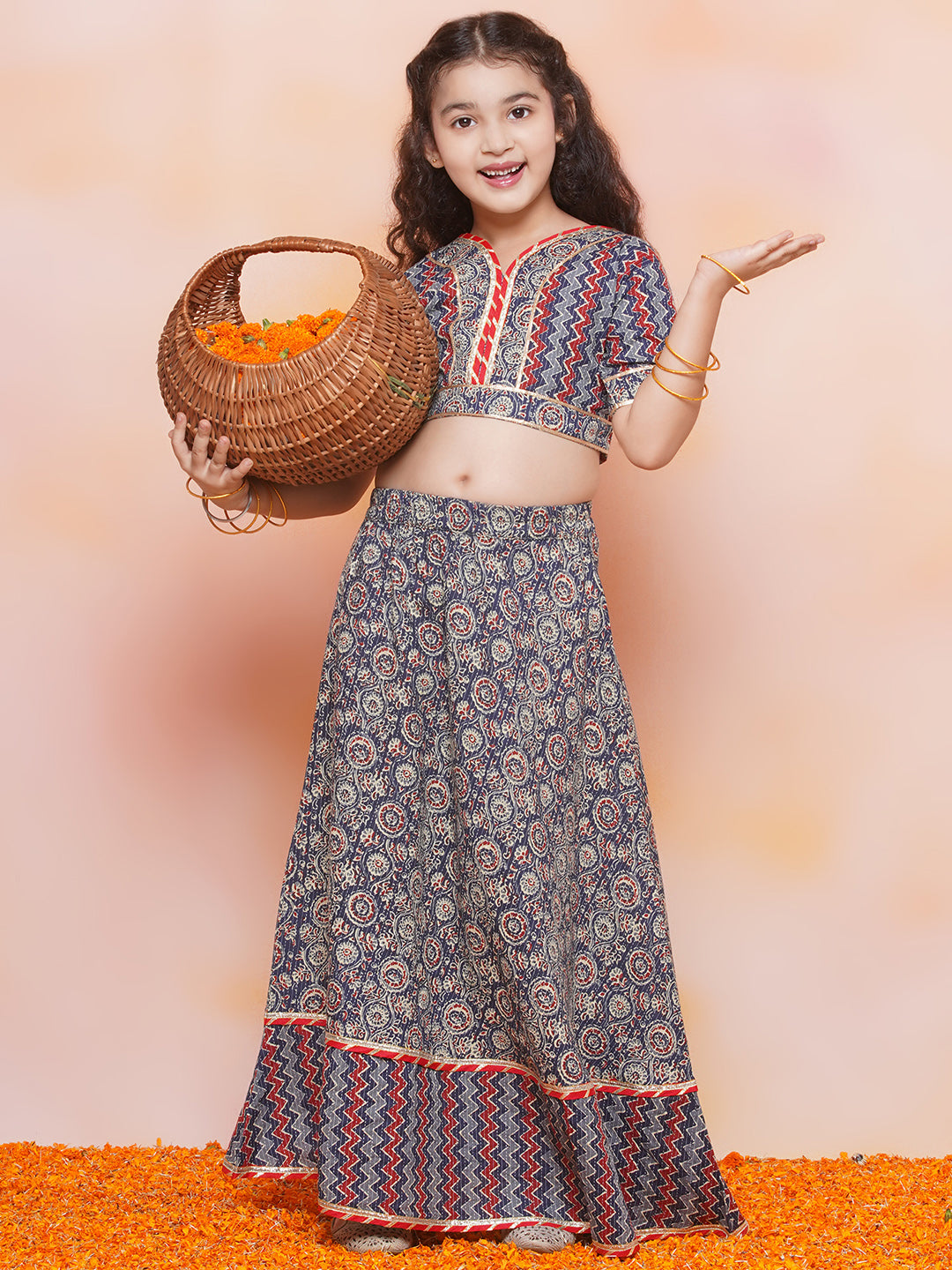 Kids Girls Blue Striped Cotton Lehenga Choli - AJ Dezines