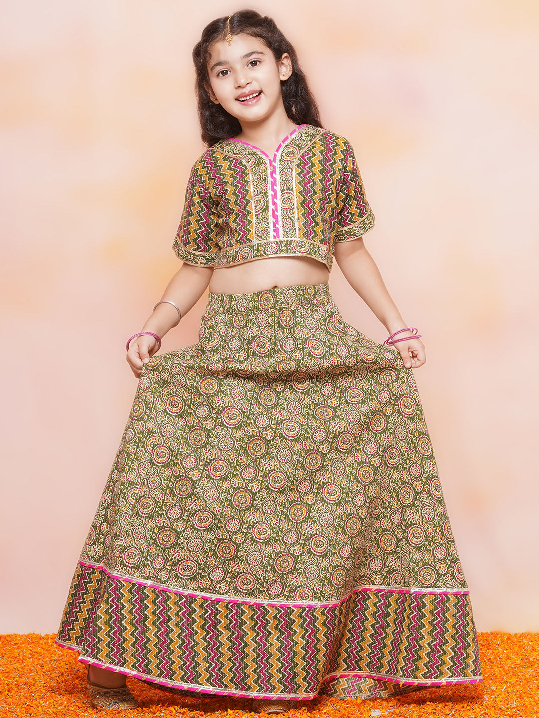 Kids Girls Green Striped Cotton Lehenga Choli - AJ Dezines