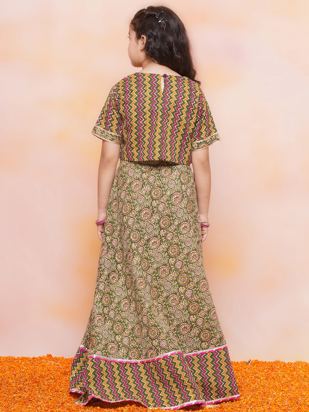 Kids Girls Green Striped Cotton Lehenga Choli - AJ Dezines